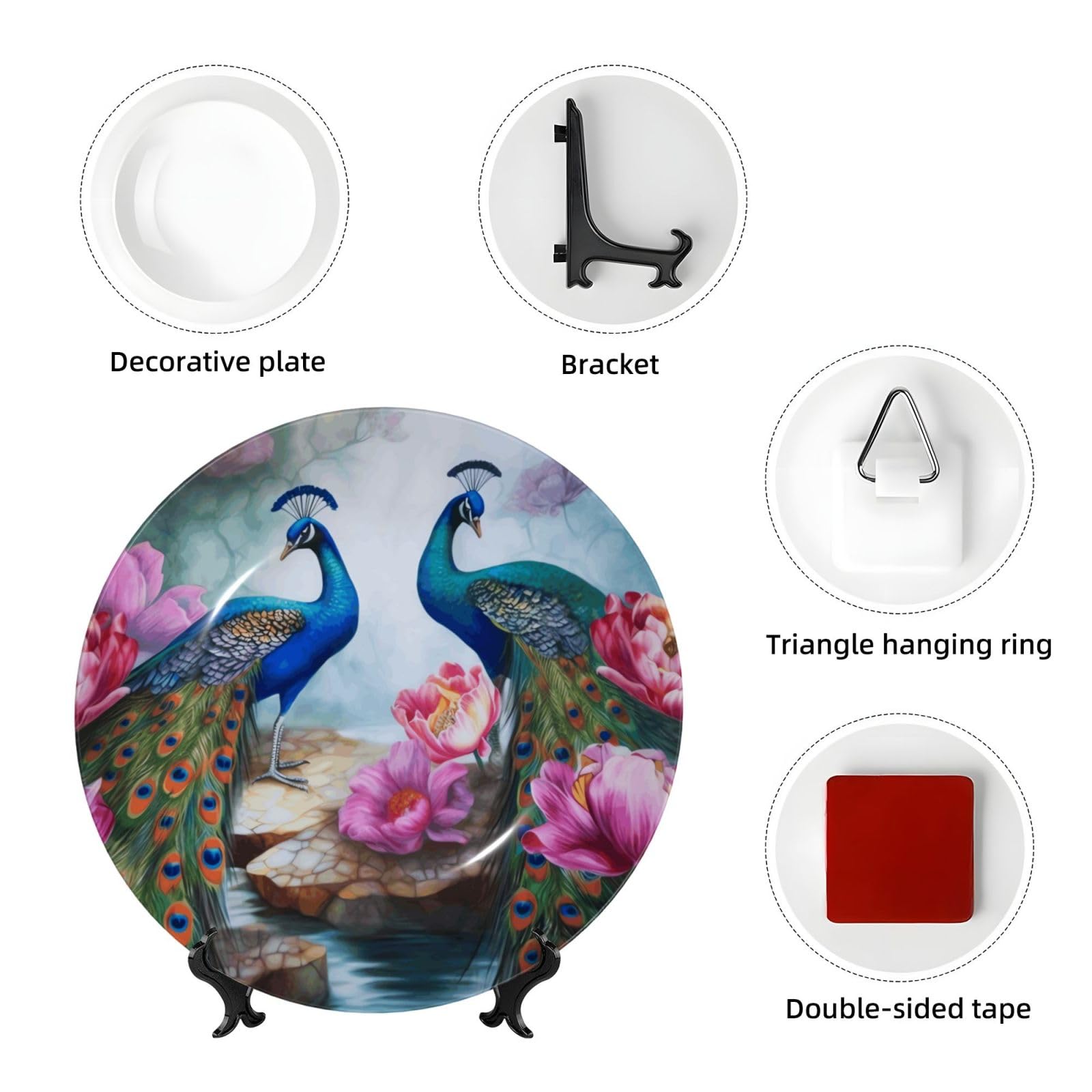 Magnifique assiette décorative en porcelaine anglaise avec image de paons et de lotus - Assiettes à dîner personnalisées en porcelaine avec support de présentation - Assiette décorative en