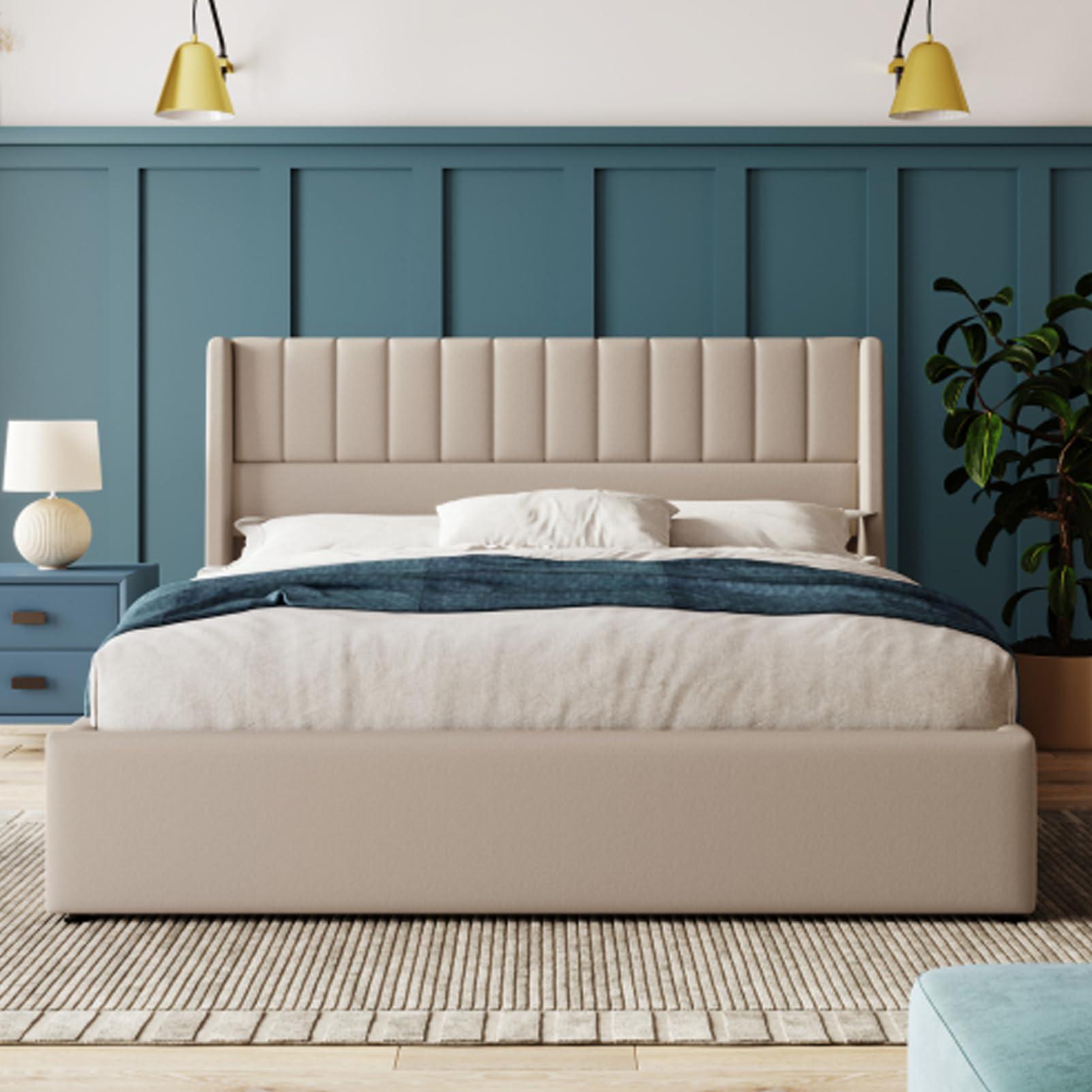Letto Imbottito Idraulico Con Rete A Doghe In Metallo Letto Matrimoniale King Size Biancheria Letto Per Ragazzi Per Adulti Ragazzi Letto Contenitore Box Letto Letto Per Gli Ospiti Beige 180x200 Cm