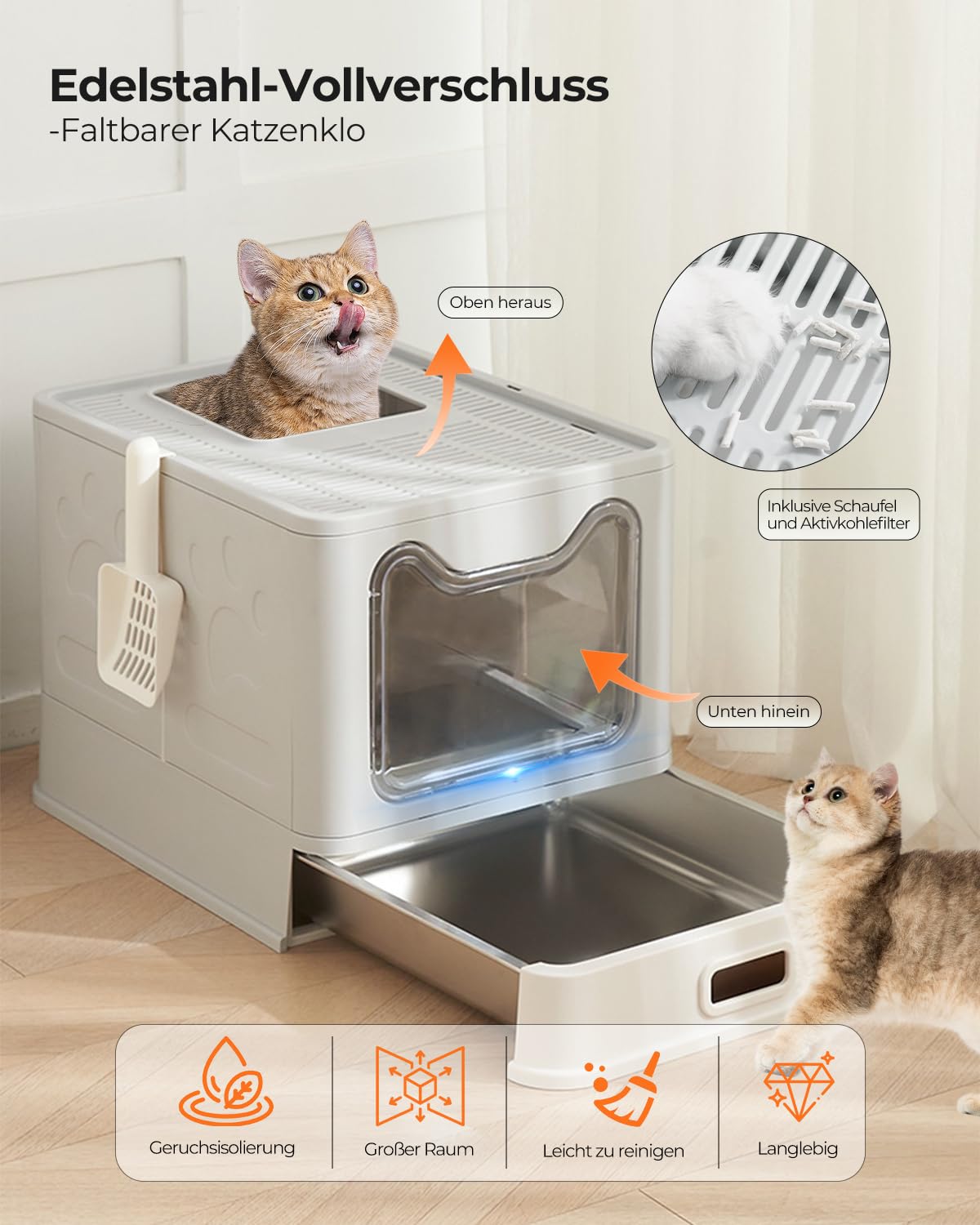 2er Set Katzenklo mit Deckel, ausziehbares Edelstahl Tablett und Katzenklo Schaufel, hop in Katzenklo XXL Katzentoilette geschlossen geräumig katzenklo groß für Katzen bis 15 kg