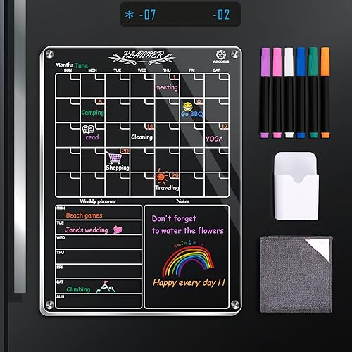 ARCOBIS Calendario acrílico magnético para refrigerador, calendario mensual y semanal transparente de 12 x 16 pulgadas con 6 marcadores, 1 soporte