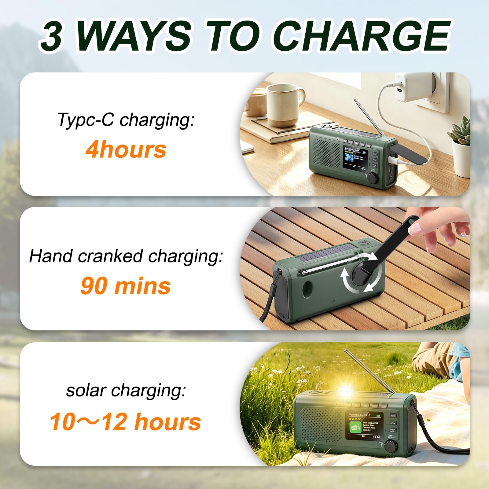 Radio di emergenza DAB+/FM con manovella, ricarica solare e USB, Bluetooth 5.3, radio a manovella con power bank, allarme SOS, display TFT, lampada da lettura, sveglia, scheda TF per esterni