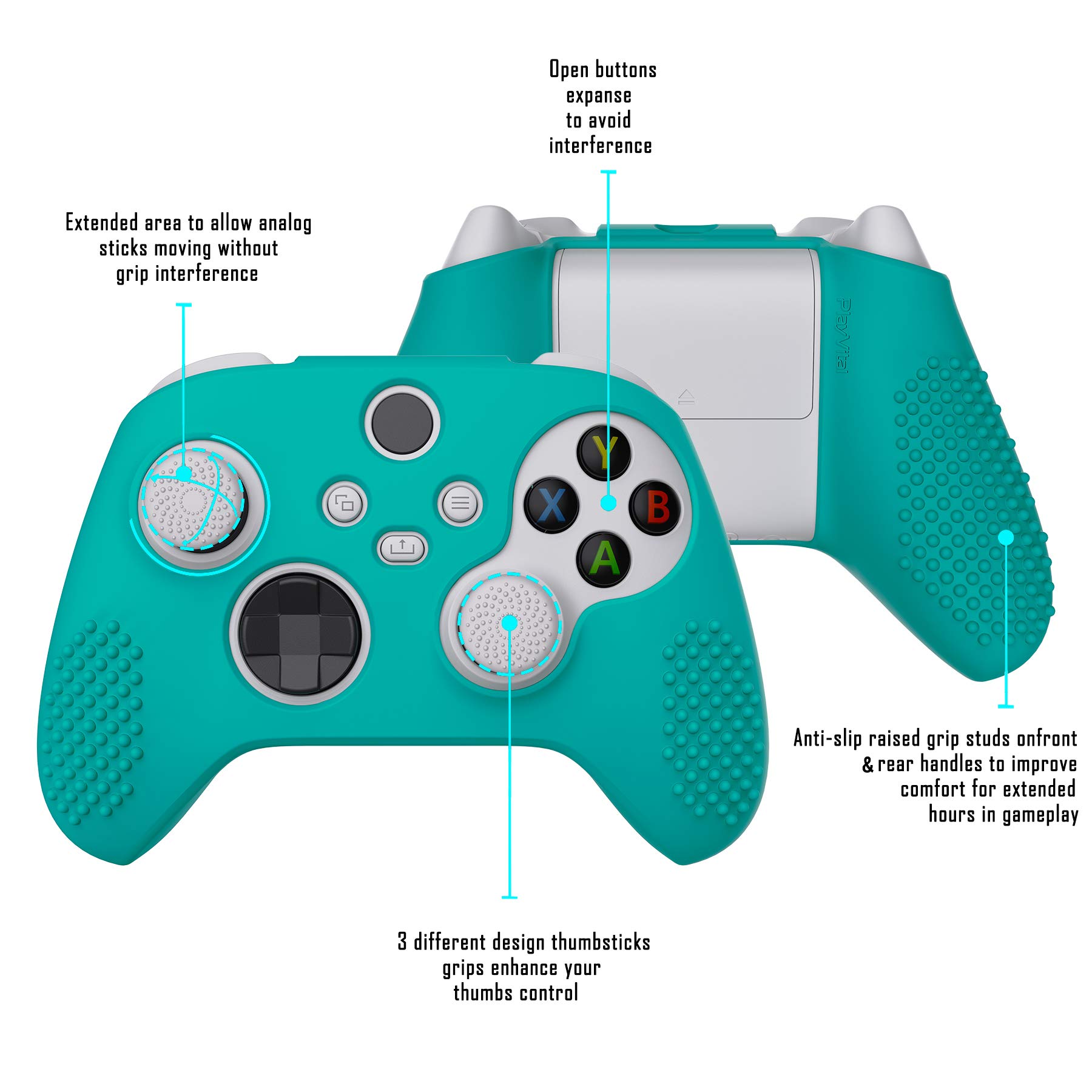 eXtremeRate PlayVital Aqua Green 3D Studded Edition Anti-Slip Silicone Cover Skin for Xbox Series X/S Controller, Soft Rubber Case Protector for Xbox Core Wireless Controller with Thumb Grip Caps - 3