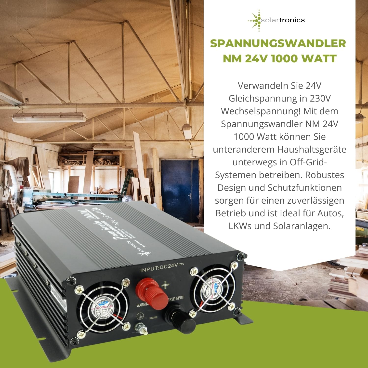 Solartronics NM1000 24V 1000 Watt Nero Convertitore di Tensione - 2000 Watt Spitzenleistung - Invertitore 24V Su 230V