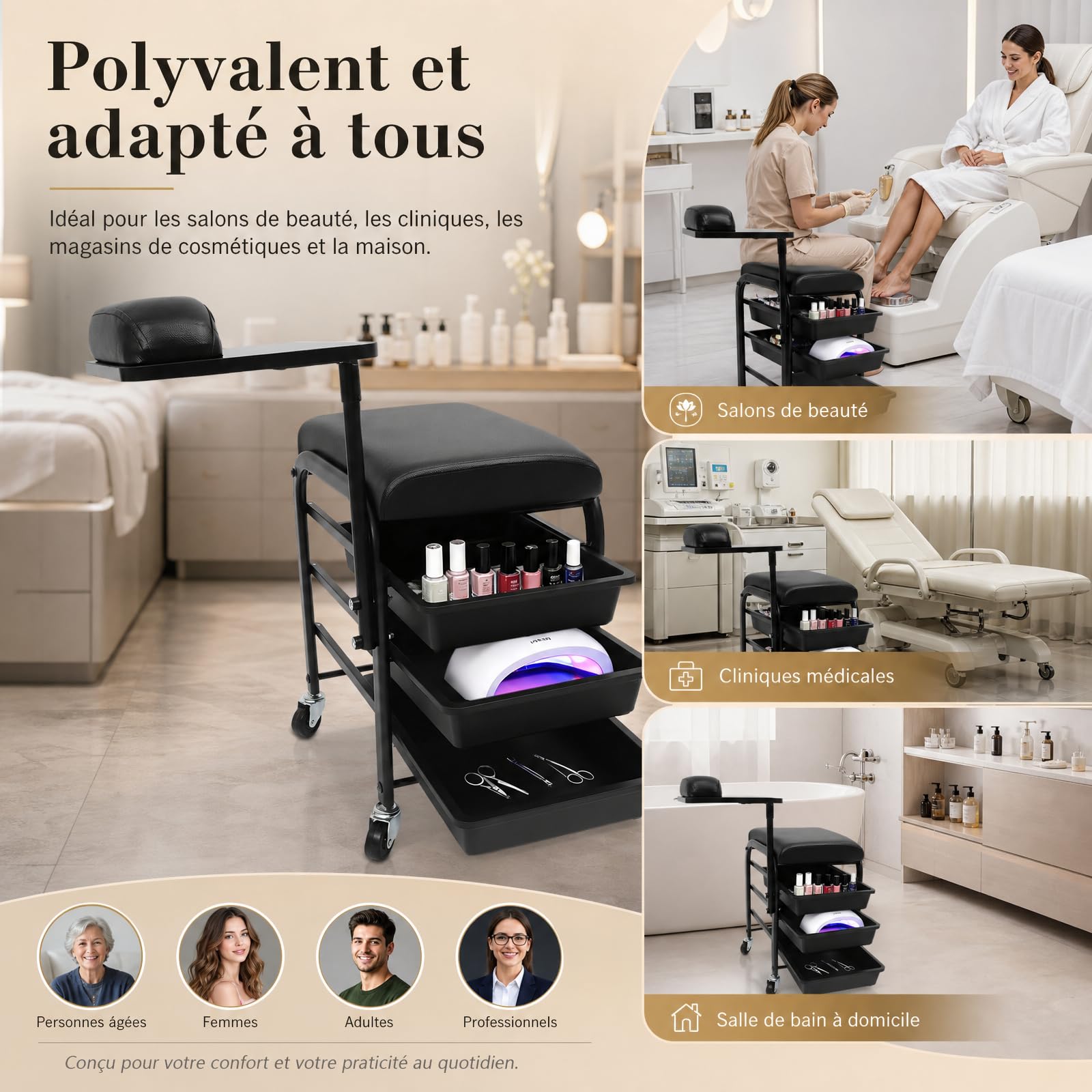 Przenośny wózek do kąpieli stóp, wózek do kąpieli stóp, pedicure, podnóżka lub pedicure, wózek do manicure, wózek do manicure, 3 szuflady, 4 uniwersalne kółka i obrotowa taca do kąpieli stóp