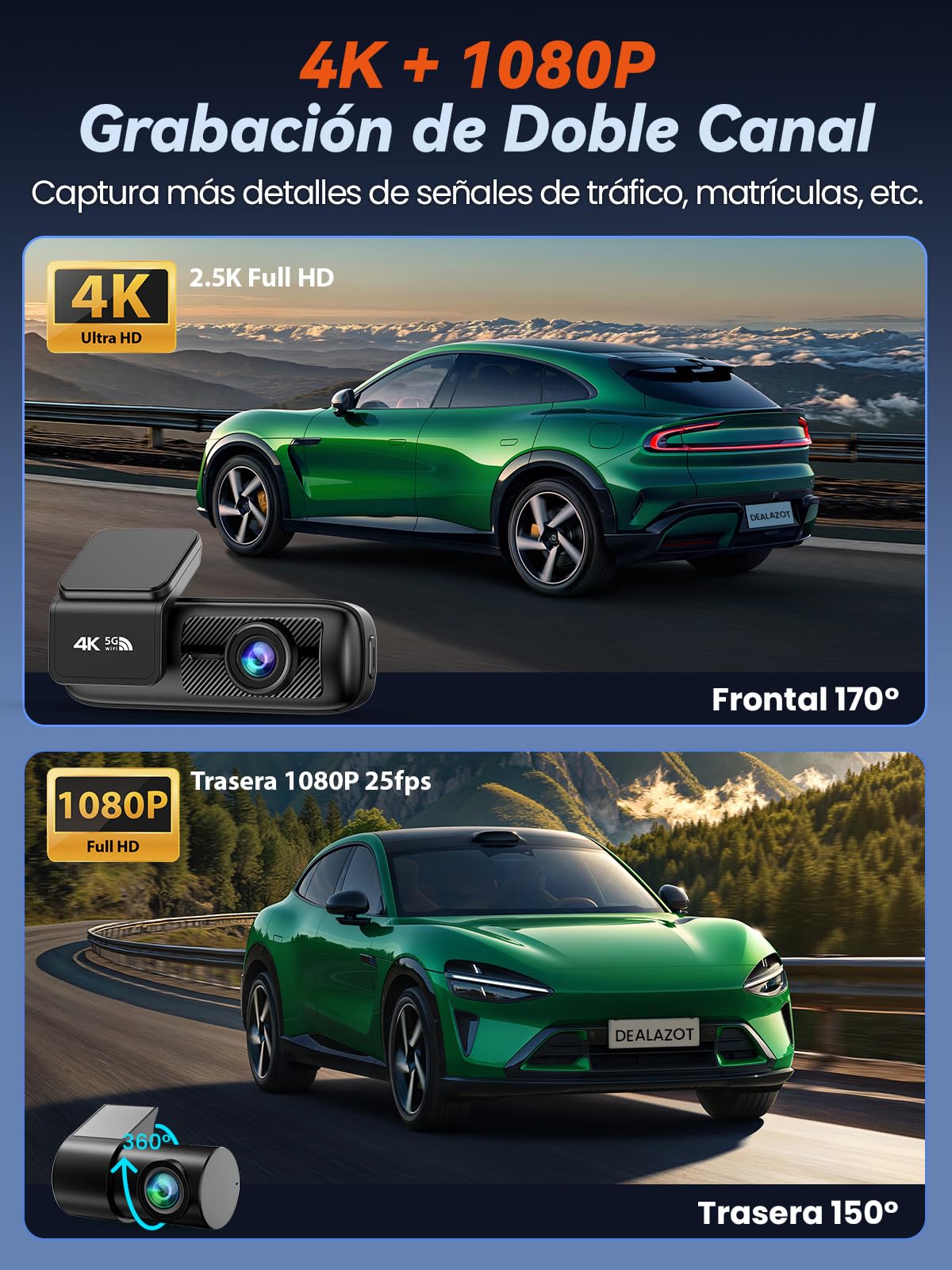 Dashcam Coche Delantera y Trasera, Cámara 4K+1080P, Wi-Fi 5G con Control vía App, Tarjeta SD 64GB, Visión Nocturna, Aparcamiento 24H, Sensor G, Gran Angular 170°, WDR, Instalación Fácil (X4)