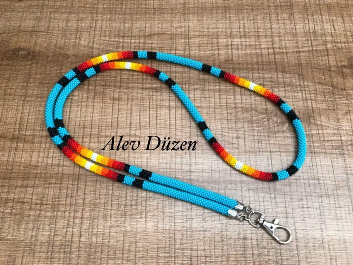 Blue bead crochet Native Design Bead Crochet Lanyard, Handmade Teacher gift