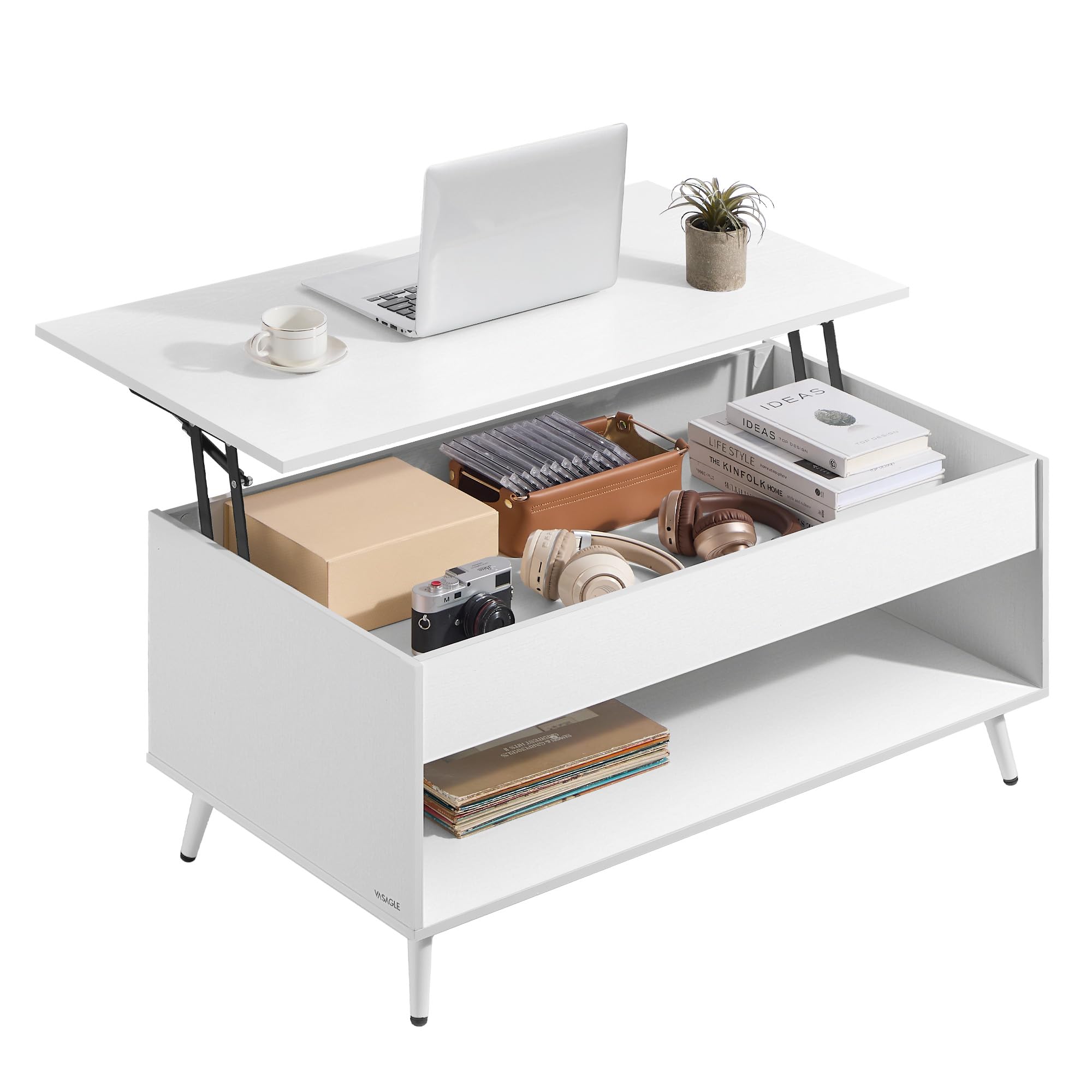 VASAGLE Couchtisch, höhenverstellbarer Wohnzimmertisch, Kaffeetisch, Gaszylinder, verstecktes Fach, offenes Fach, für Wohnzimmer, Homeoffice, schneeweiß-mattweiß LCT267WE01