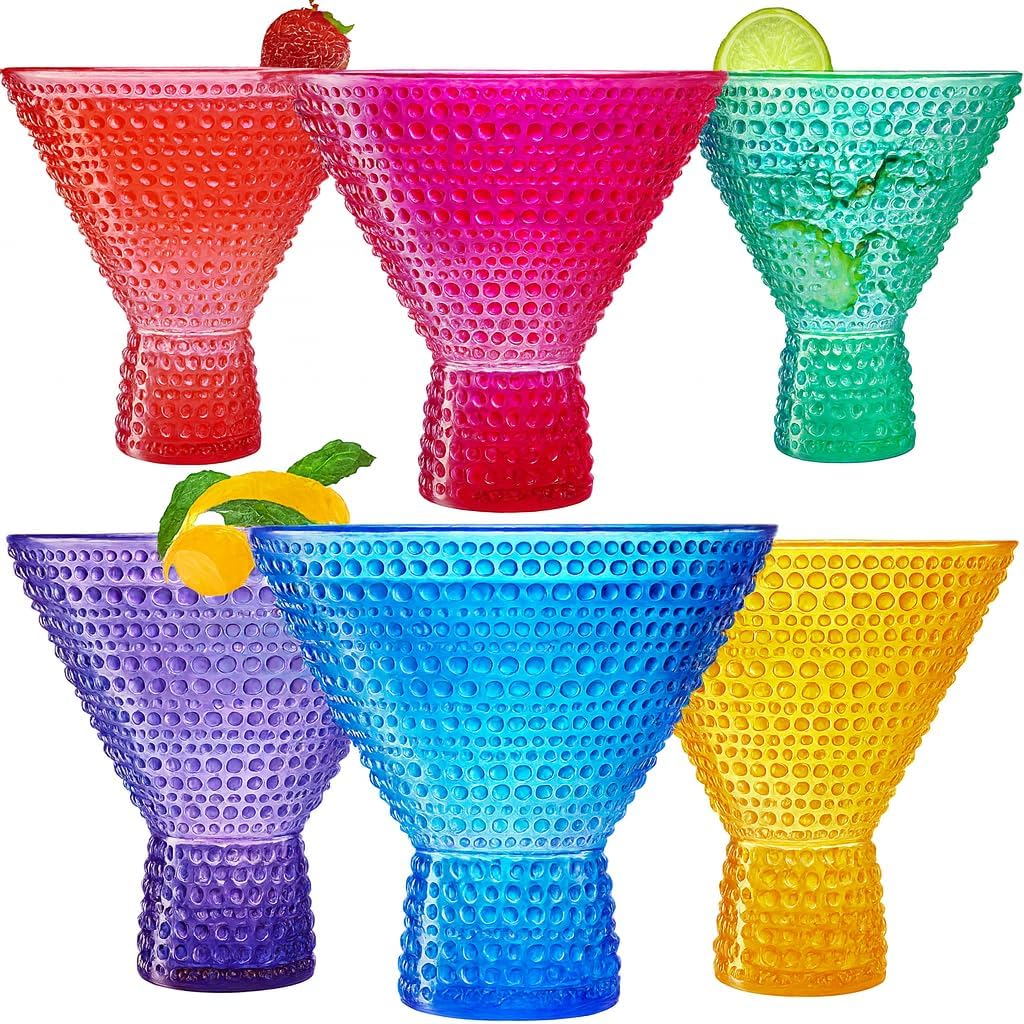 Khen Plastic Hobnail Martini & Cocktail Drinking Glasses Set of 6 Bright Cups 14oz, Shatterproof & Unbreakable Acrylic Beaded Design, BPA-Free, Dishwasher Safe Indoor/Outdoor Drinkware Water, Juice