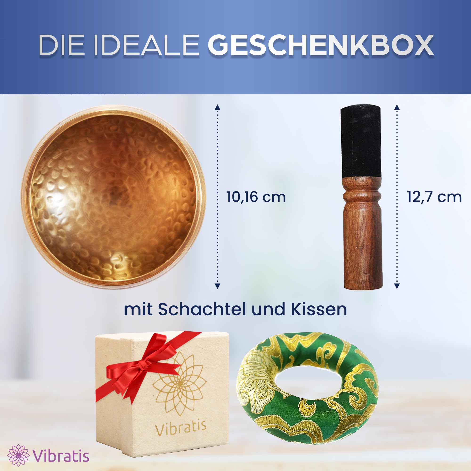 VIBRATIS Klangschale – Handgefertigte tibetische Klangschale aus Nepal – Perfekt für Meditation, Entspannung & Dekoration – Inkl. Kissen, Holzschlegel & Lokta-Geschenkbox