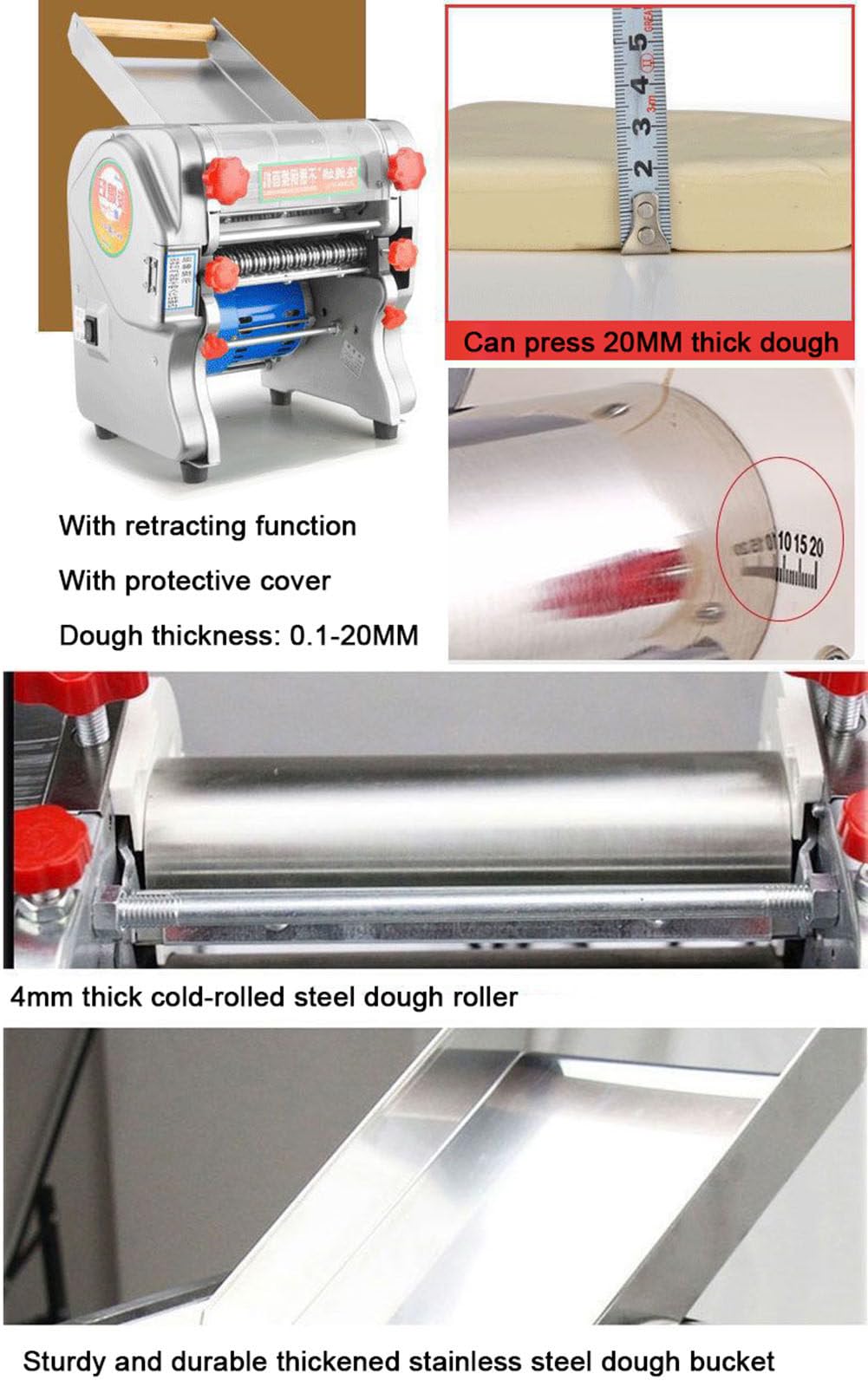 Maquina para Hacer Pasta,Automático Maquina De Hacer Pasta Fresca‌ para Fideos Anchos,Fideos Finos,Laminadora de Masa para Amasar,Laminar y Cortar,Doughwidth24cm