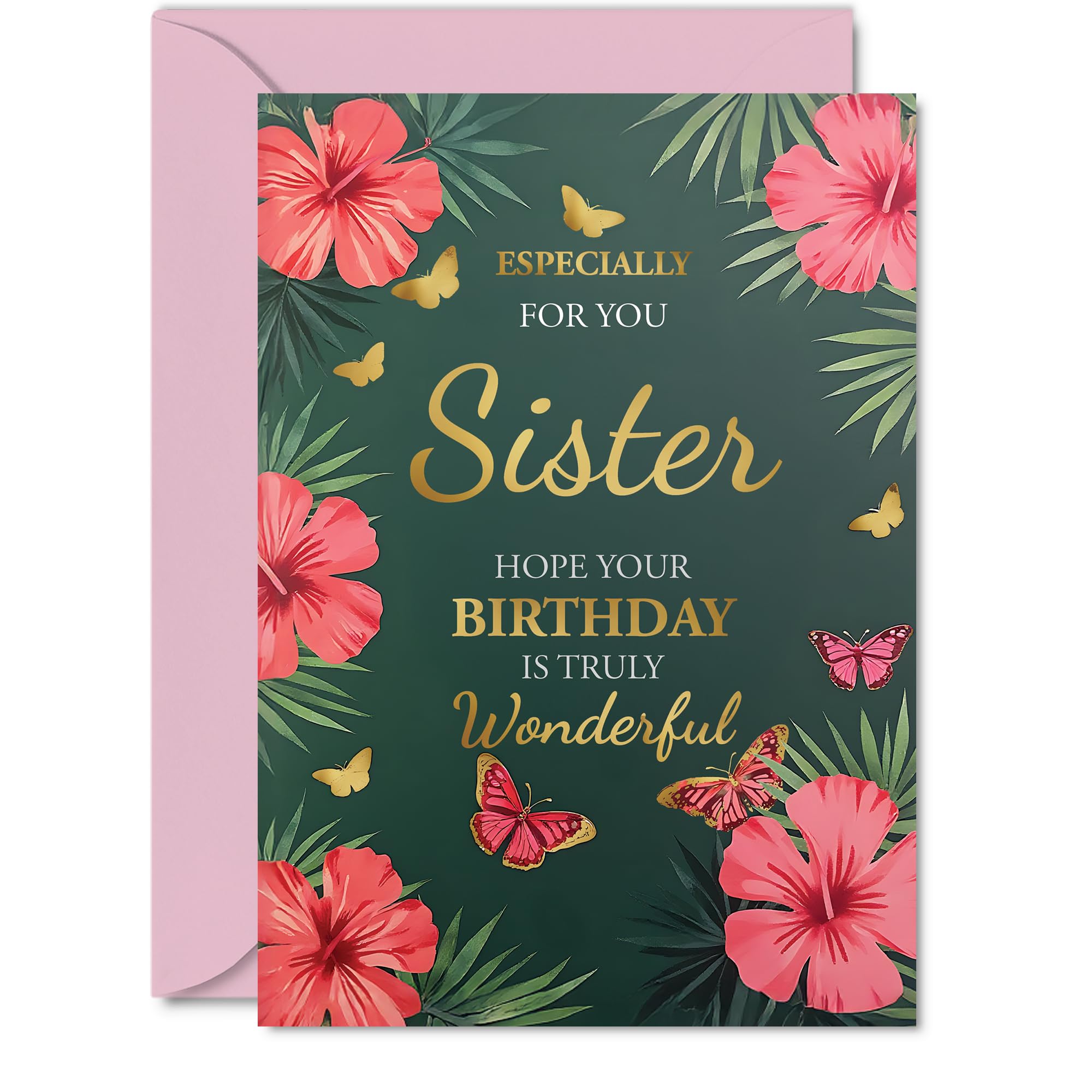 Gold Sister Birthday Card - Butterflies & Flowers - Happy Birthday Card for Sister from Brother Sibling, A5 Golden Butterflies & Flowers Bday Greeting Cards