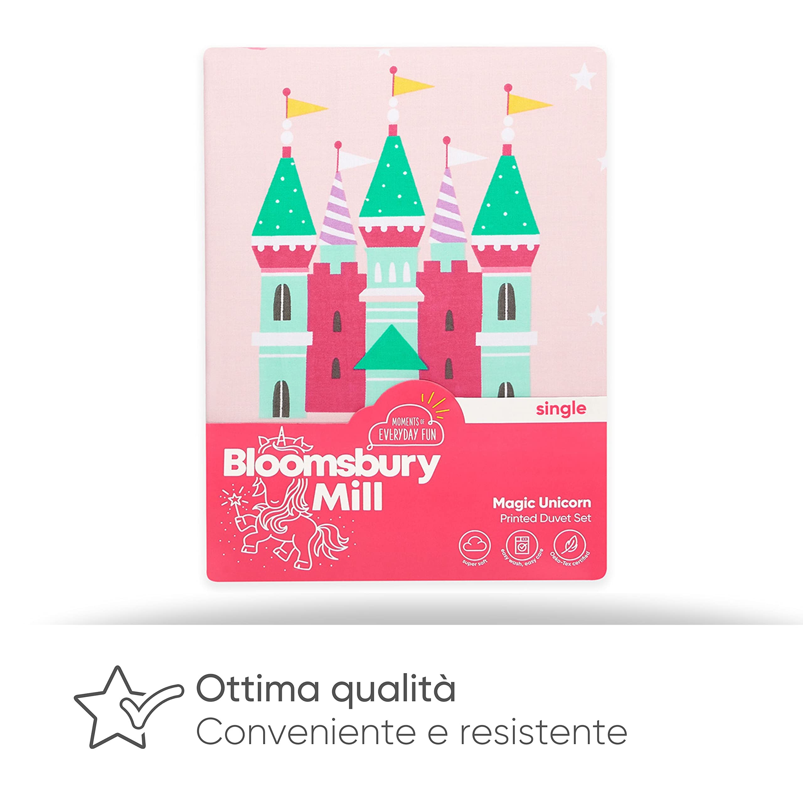 Bloomsbury Mill – Set Copripiumino Singolo Unicorno, Principessa e Arcobaleni - Lenzuola Letto Singolo Reversibile Per Ragazee – Rosa - Set di biancheria da letto - 135 cm x 200 cm e Federe