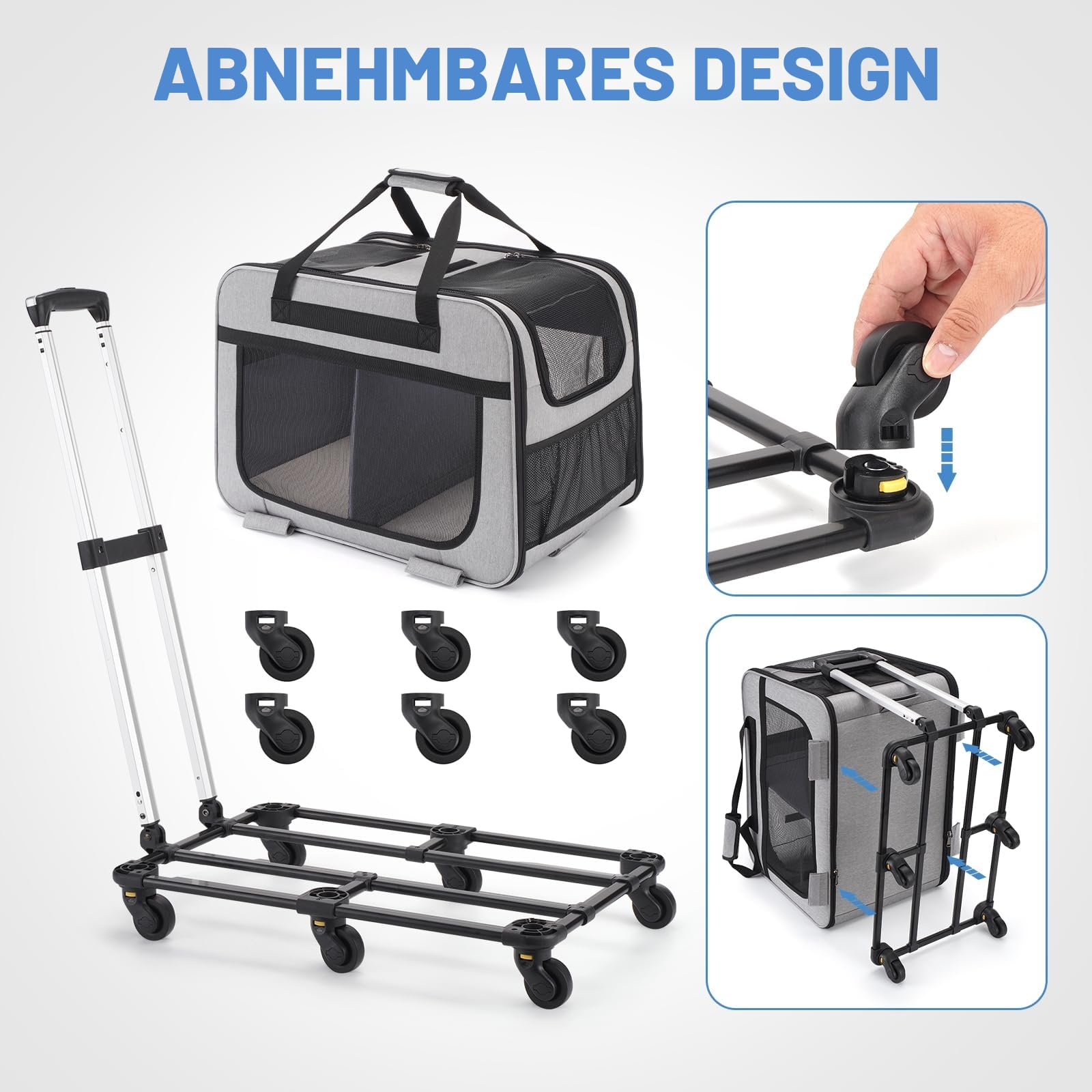 Extra Große Katzentransportbox für 2 Katzen bis 20kg, Faltbare Transportboxen für 2 Katzen mit Rollen, Transportbox Katze Groß für Spaziergänge/Camping, Grau