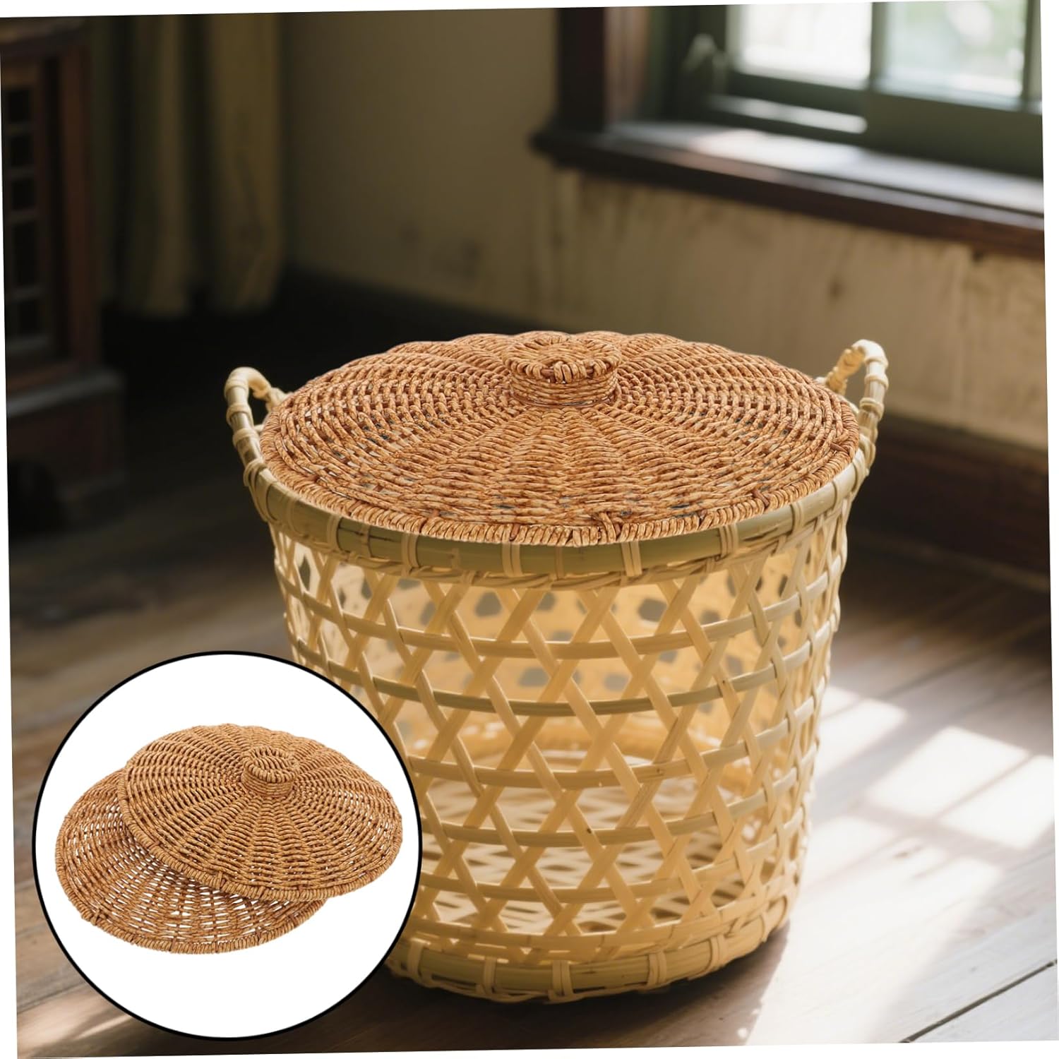 Happyyami Handwoven Decorative Storage Basket Lid Artisan Plastic Cover for Picnic Laundry and Home Decor Versatile Replacement for Woven Hampers and Bins