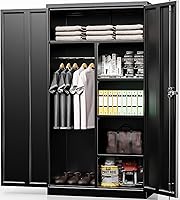 INTERGREAT 72" Metal Lockable Wardrobe Cabinet with Hanging Rod & 4 Adjustable Shelves - Durable Armoire for Office, Bedroom, School (Black)