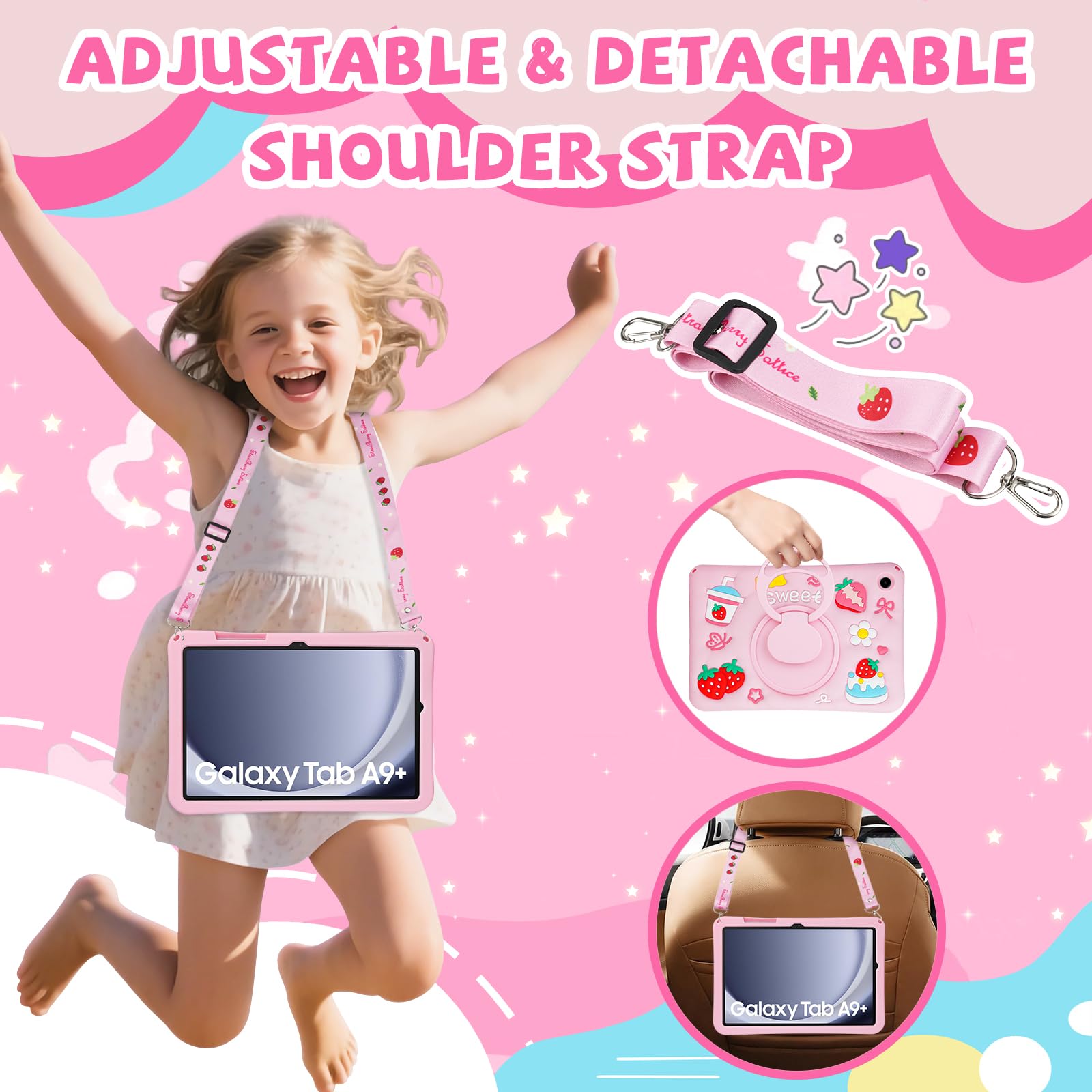 Coque pour Samsung Galaxy Tab A11+ Plus 2025/A9+ Plus 11 Pouces 2025/2023 pour Enfants Filles Protection Antichoc pour Samsung A11+ avec Sangle Ajustable/Support Rotatif à 360°-Rose