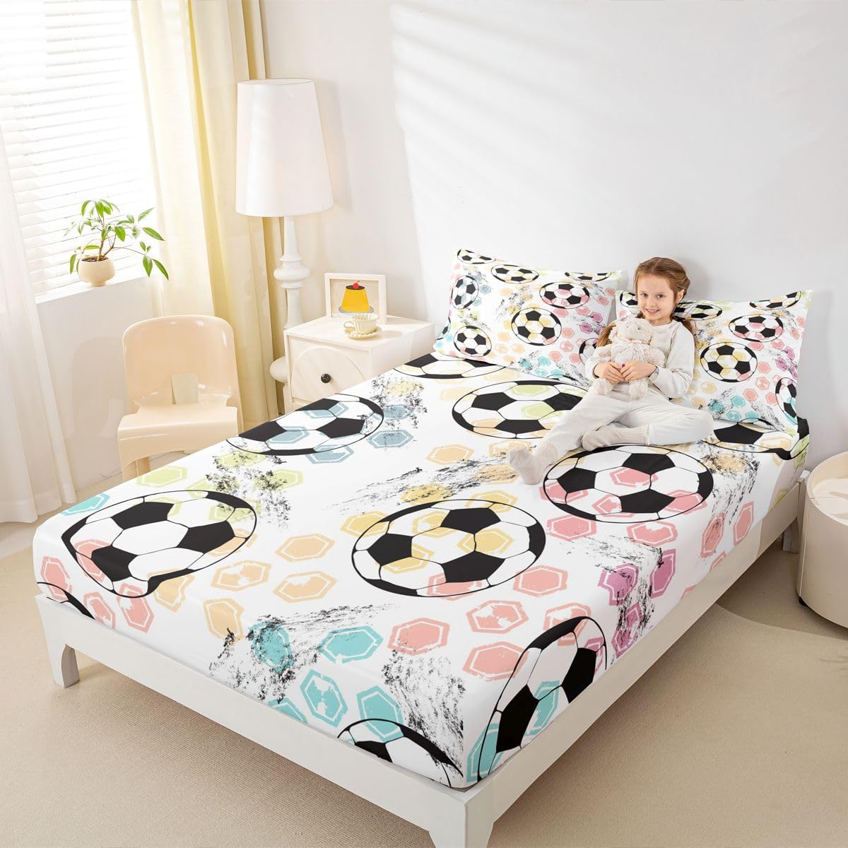 Kids Football Bedding Set Sports Theme Fitted Sheet for Child Boys Girls Soccer Ball Pattern Bed Sheet Set Breathable Colorful Grunge Style Bed Cover Room Decor Twin Size - Image 6