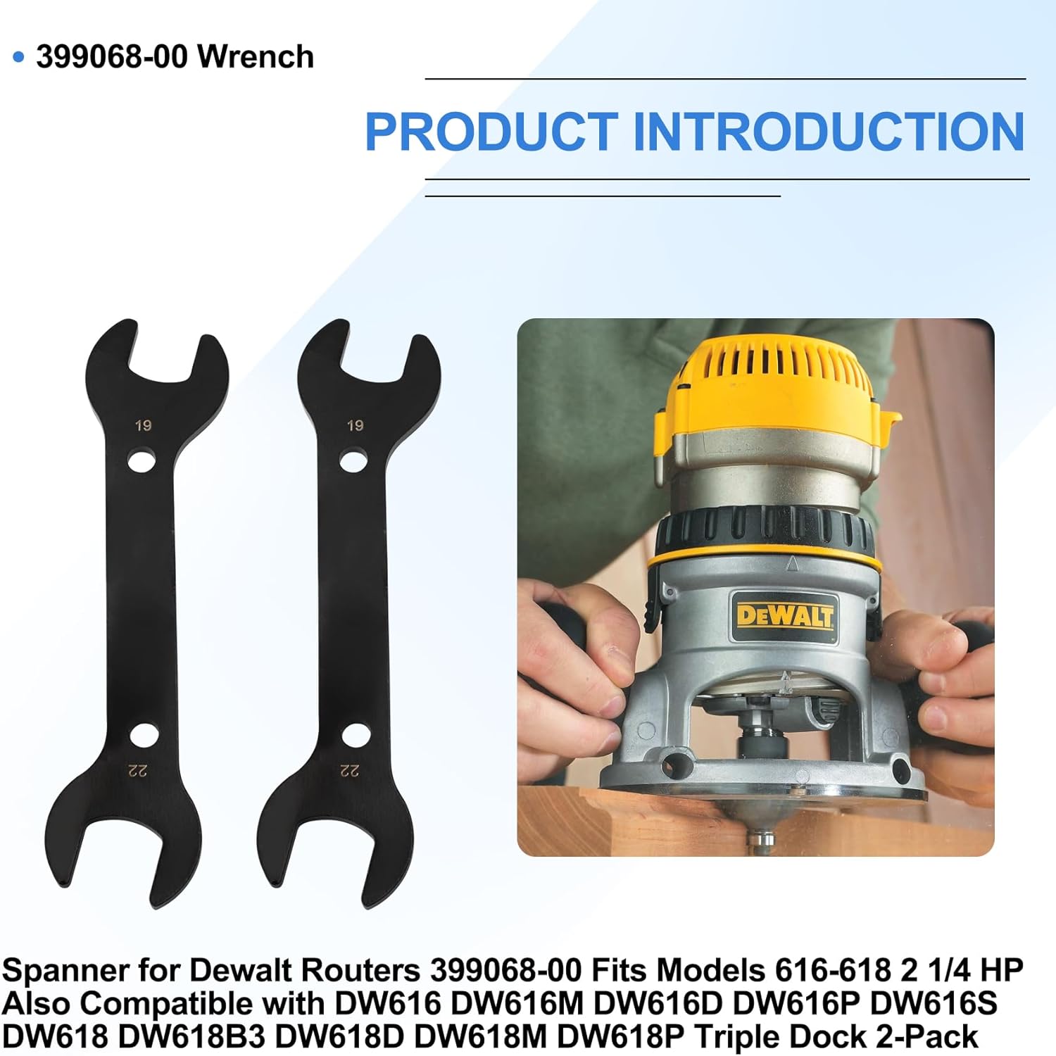 Wrench 399068-00 for Dewalt Routers, fits models 616-618 2 1/4 HP, also compatible with DW616, DW616M, DW616D, DW616P, DW616S, DW618, DW618B3, DW618D, DW618M, DW618P triple bases, 2-pack