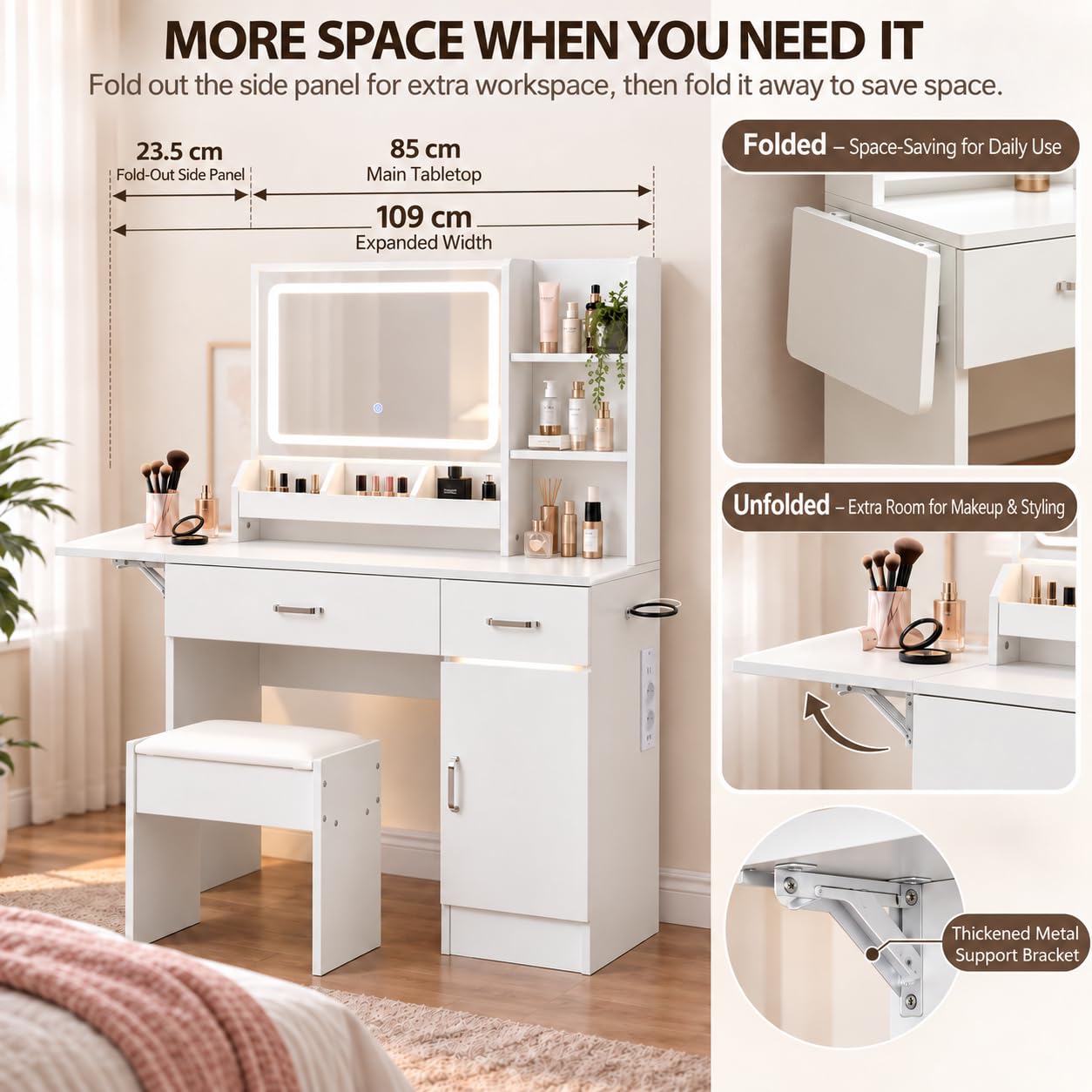 Tocador de Maquillaje con Espejo y LED, Taburete con Almacenamiento, Tocador con 2 Cajones 1 Armario, 2 Enchufes y 2 USB, 3 Estantes y 3 Compartimentos Abiertos, 107 x 38,5 x 134 cm, Blanco