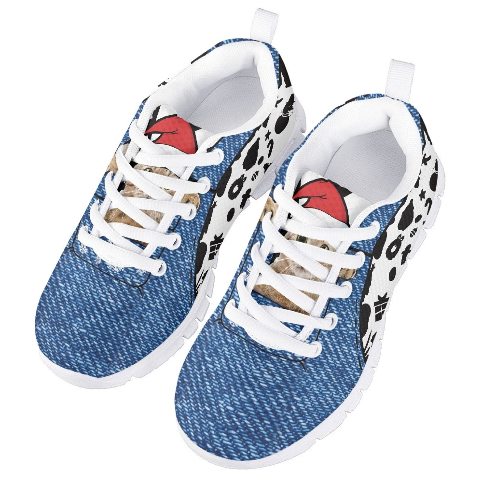 Christmas Cat Print Shoes for Boys Girls Lightweight School Cute Running Tennis Shoes Size 10.5 Little Kids Breathable Mesh Gym Outdoor Sport Dance Athletic Sneakers Blue