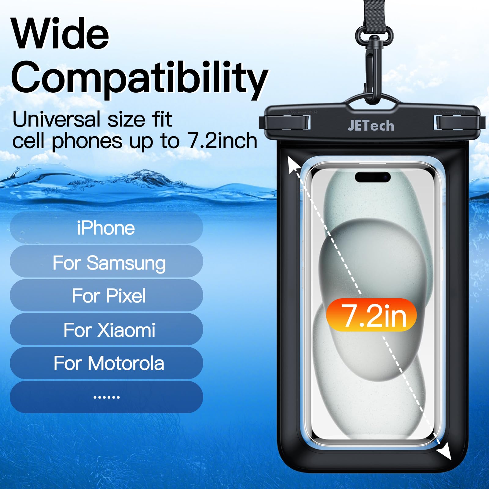 JETech Custodia Impermeabile Smartphone, 2 Pezzi Cover per iPhone 16e 16 15 14 13 Pro Max Plus, Galaxy S25 S24 Ultra, Pixel 10 Serie e Altri Fino a 7,2", IPX8 Borsa Asciutta (Nero+Nero)