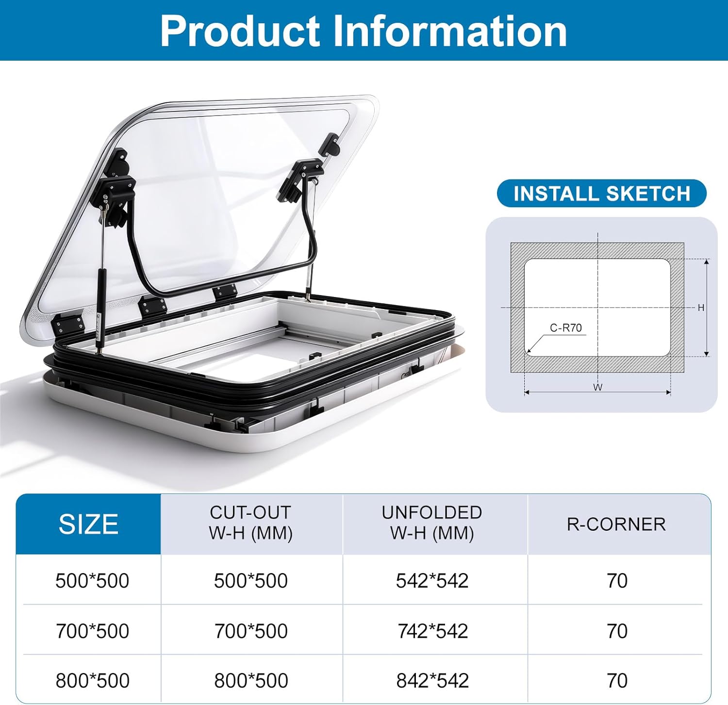 31.5X19.7IN RV Skylight Replacement with Interior LED Light, Roof Vent Window for Camper & Trailer, Leak-Proof, Easy Installation (80X50CM)