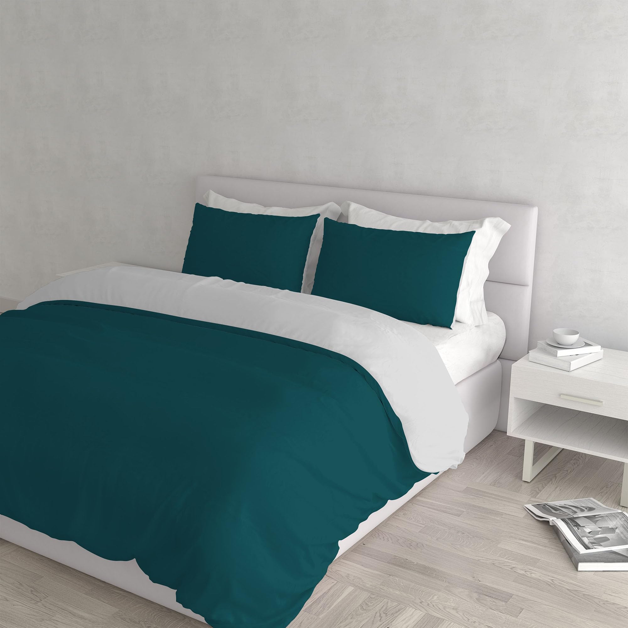 Italian Bed Linen Natural Color Duvet Cover Set with Doubleface Solid Colour Bag Sheet and Pillowcase, Petrol Green/Light Gray, double