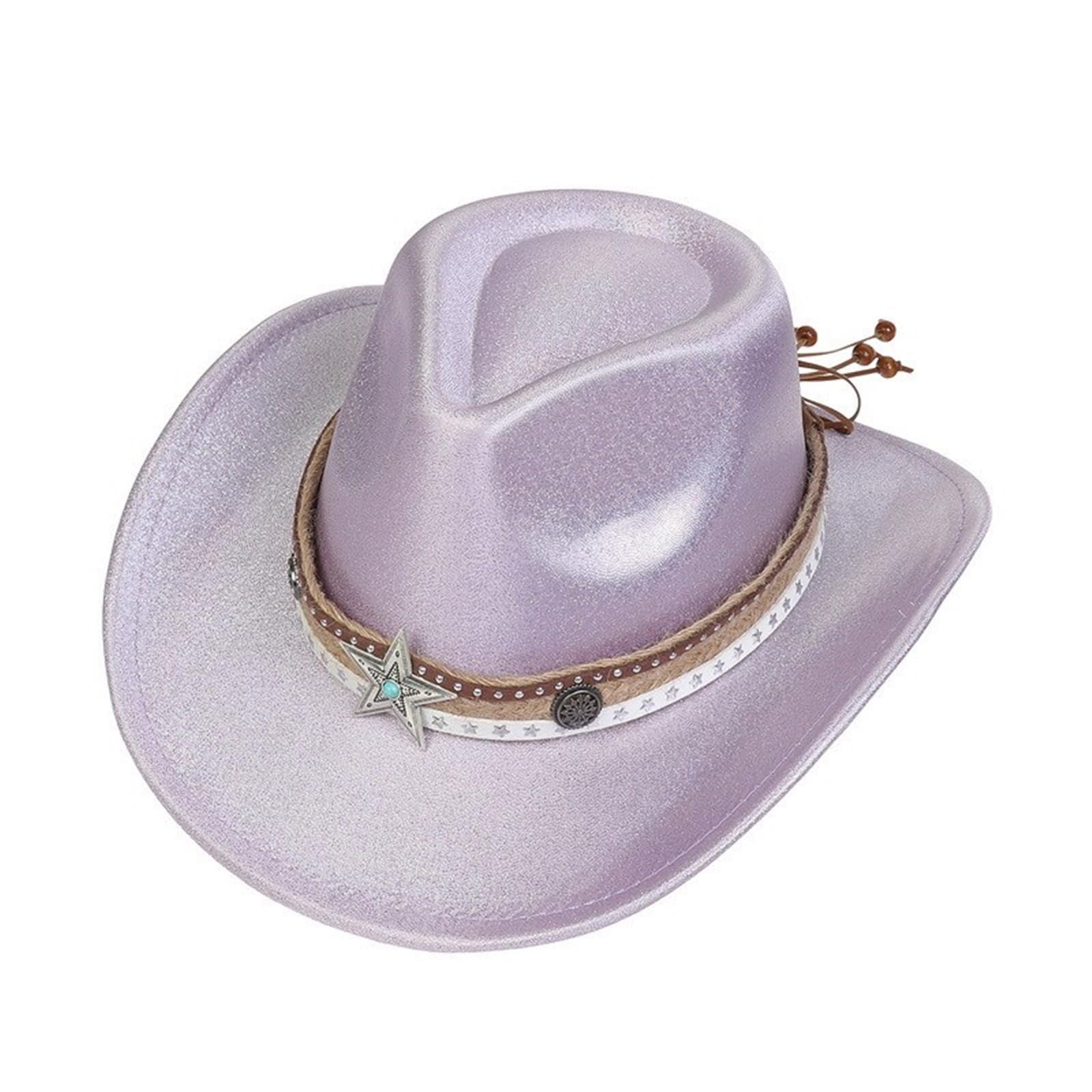staol Fashion Cowboy Hat for Women Man Glittering Wide Brims Hat with Star Belts Breathable Sunproof Hat Travel Fedoras Caps Light Purple, 1-5