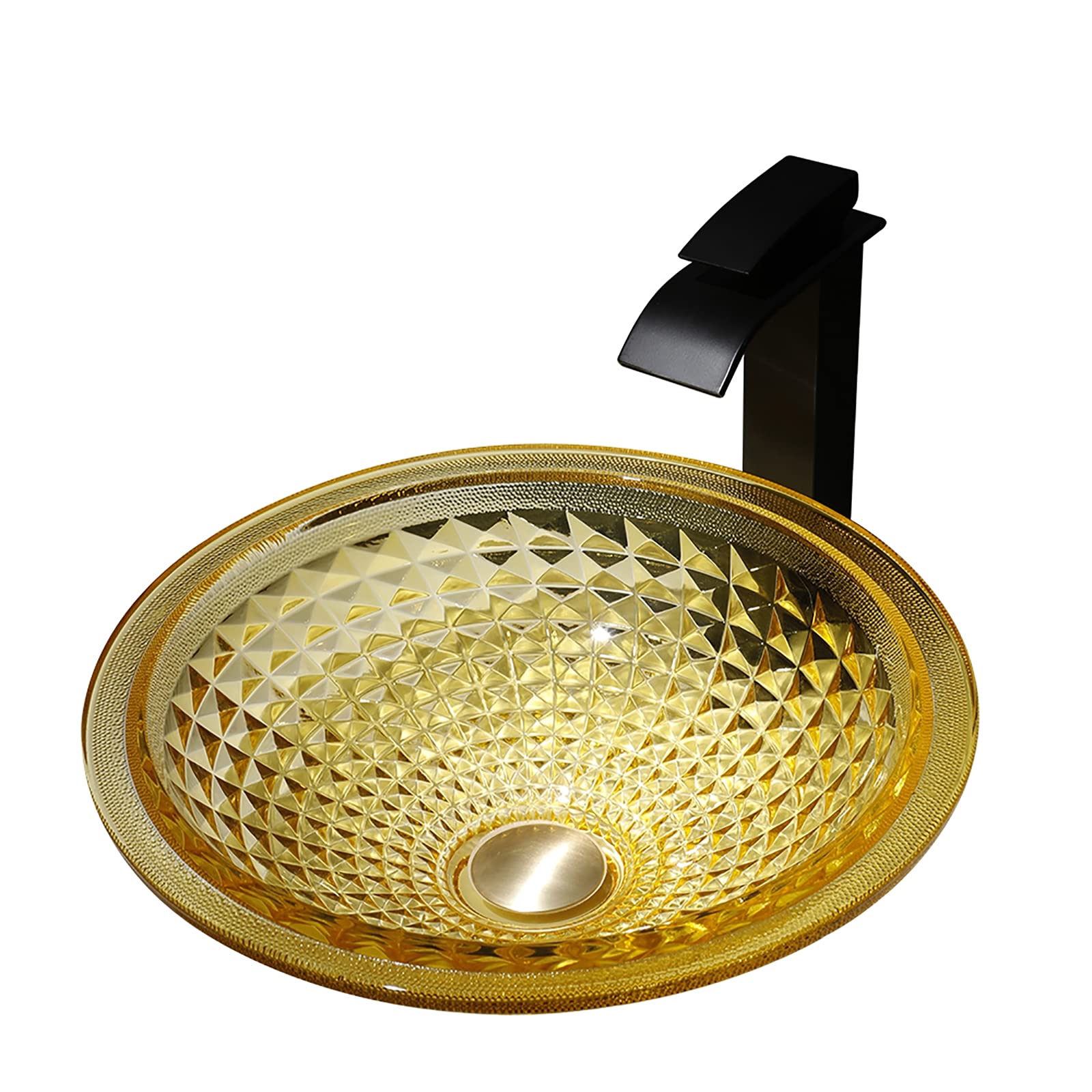 ASerZenith Bathroom Vessel Sink Vanity Tempered Glass Vessel Bowl Sink Round Luxury Countertop Sink Bowl Above Counter Sink Art Basin With Waterfall Faucet Pop Up Drain