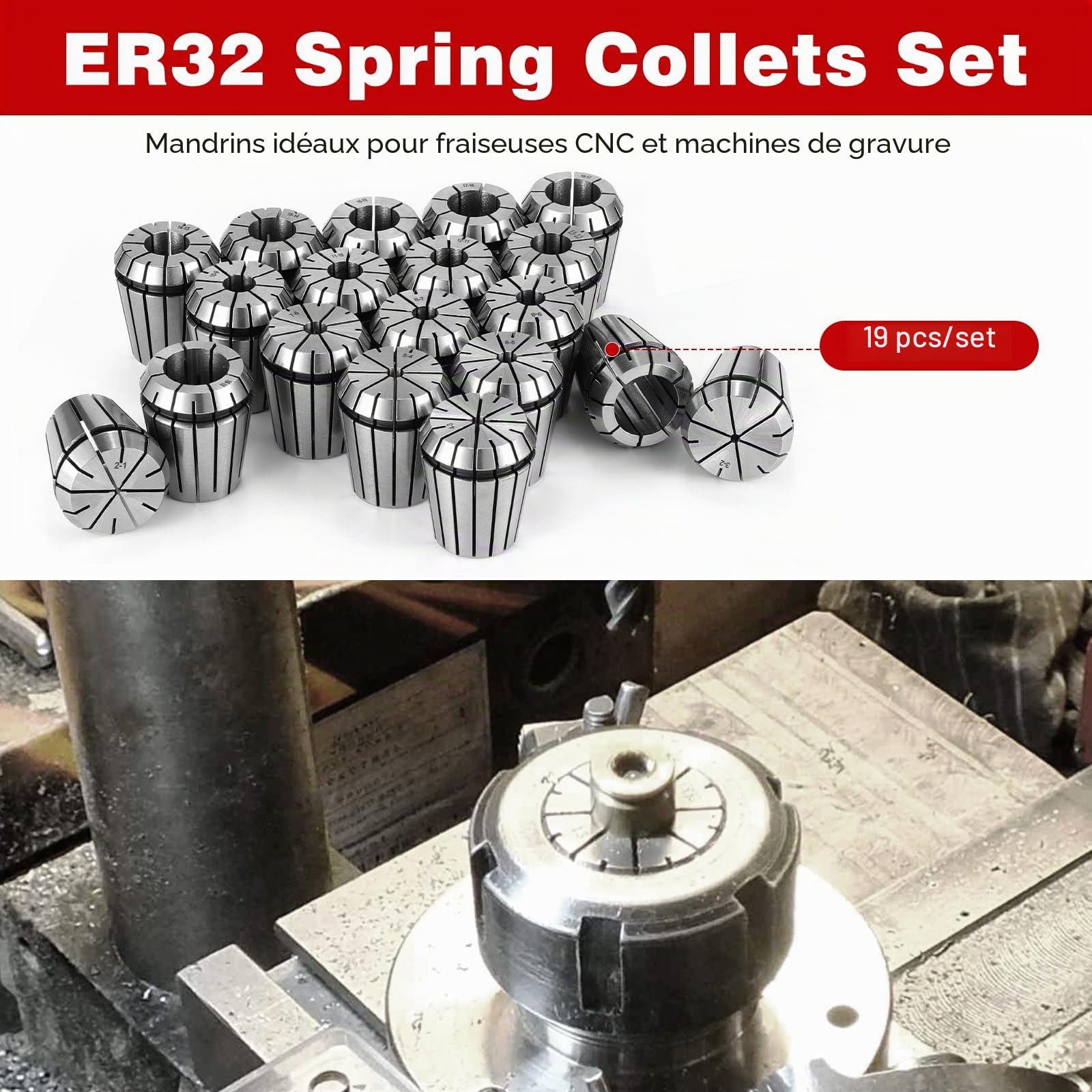HSEAMALL Ensemble de 19 pinces à ressort de précision ER32, de 2mm-20mm, porte-embouts à pinces ER32 pour la fixation de pièces CNC, gravure et fraisage, outil de tour
