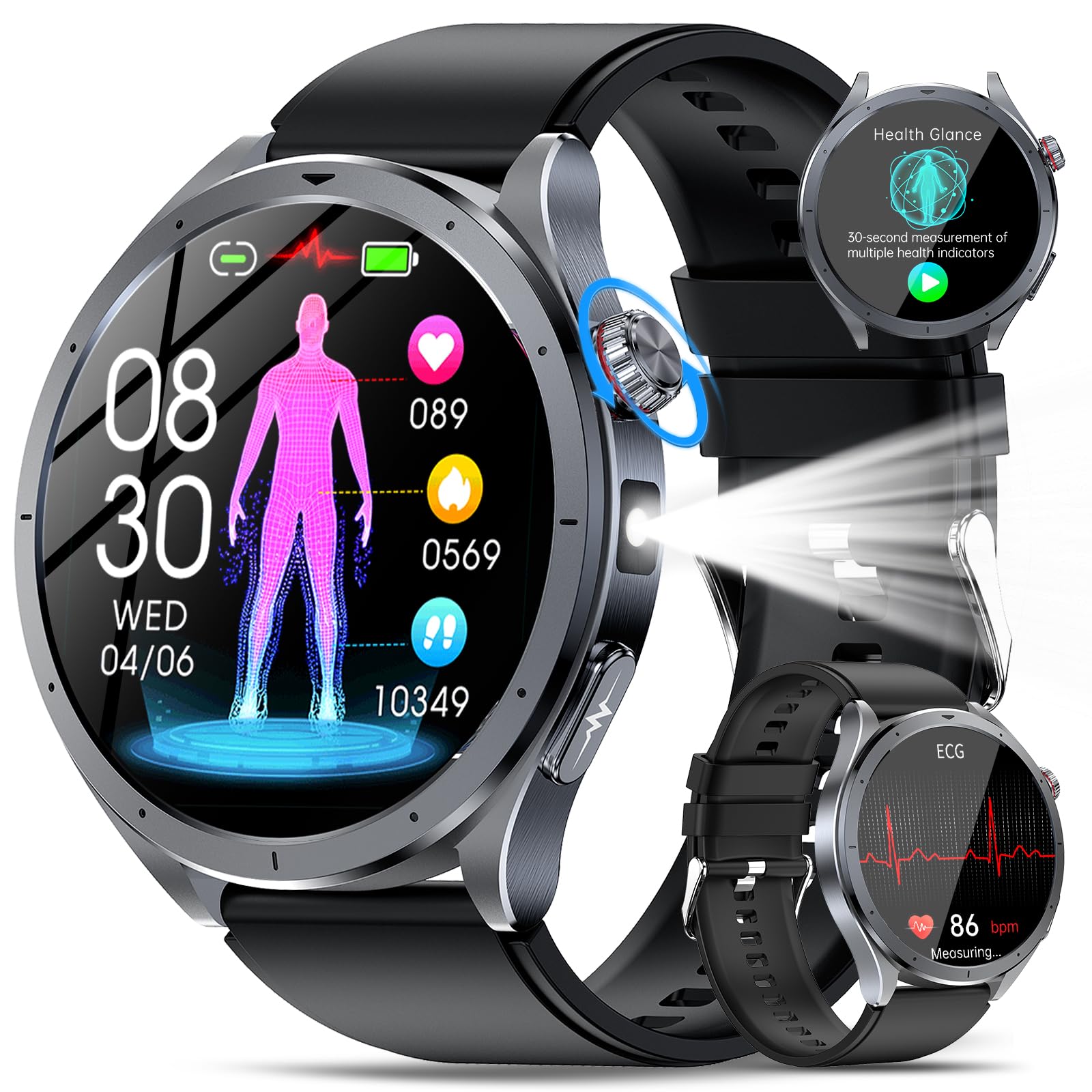 YUPENG AI Smartwatch Uomo ChatGPT ECG/𝐆li𝐜e𝐦ia/HRV/Lipidi/Acido Urico/BMI, 1.53" Orologio Fitness Chiamate/Torcia, 24H Pressione Sanguigna/Sonno/Temperatura/Cardiofrequenzimetro/SOS, Android iOS