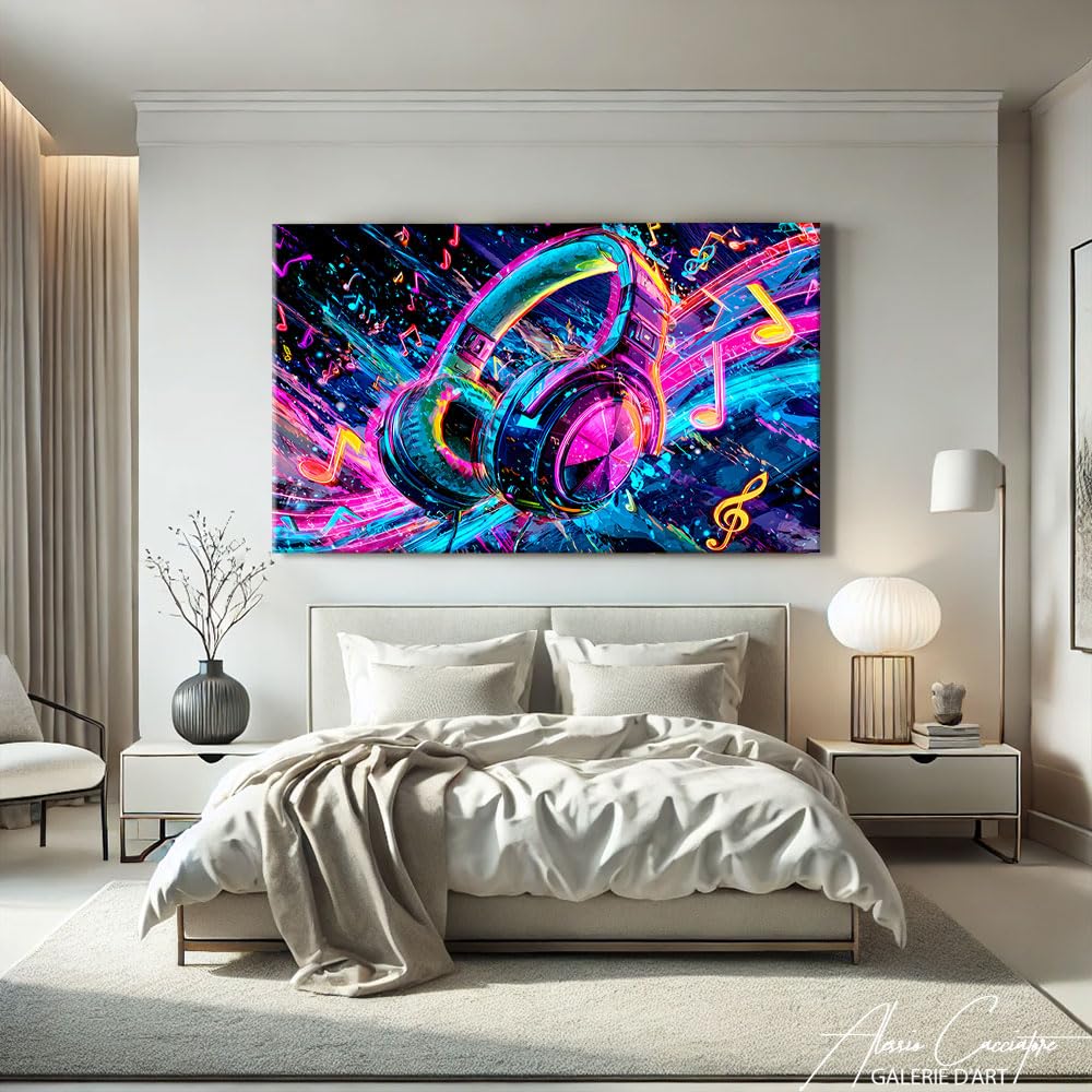 Quadro musicale elettronico – Decorazione studio registrazione – Cornice stampa cuffie audio – arte da parete sonora moderna – Idee Deco camera da letto musicista (60 x 40 cm)