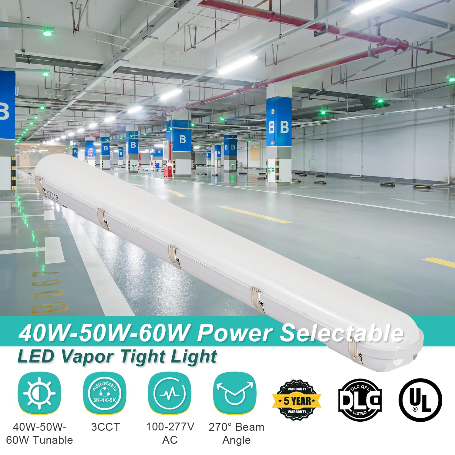 4FT LED Vapor Tight Light 3CCT 3-Wattage Selectable 40W 50W 60W 5200LM IP66 Waterproof Vapor Proof Fixture 100-277V — view 2