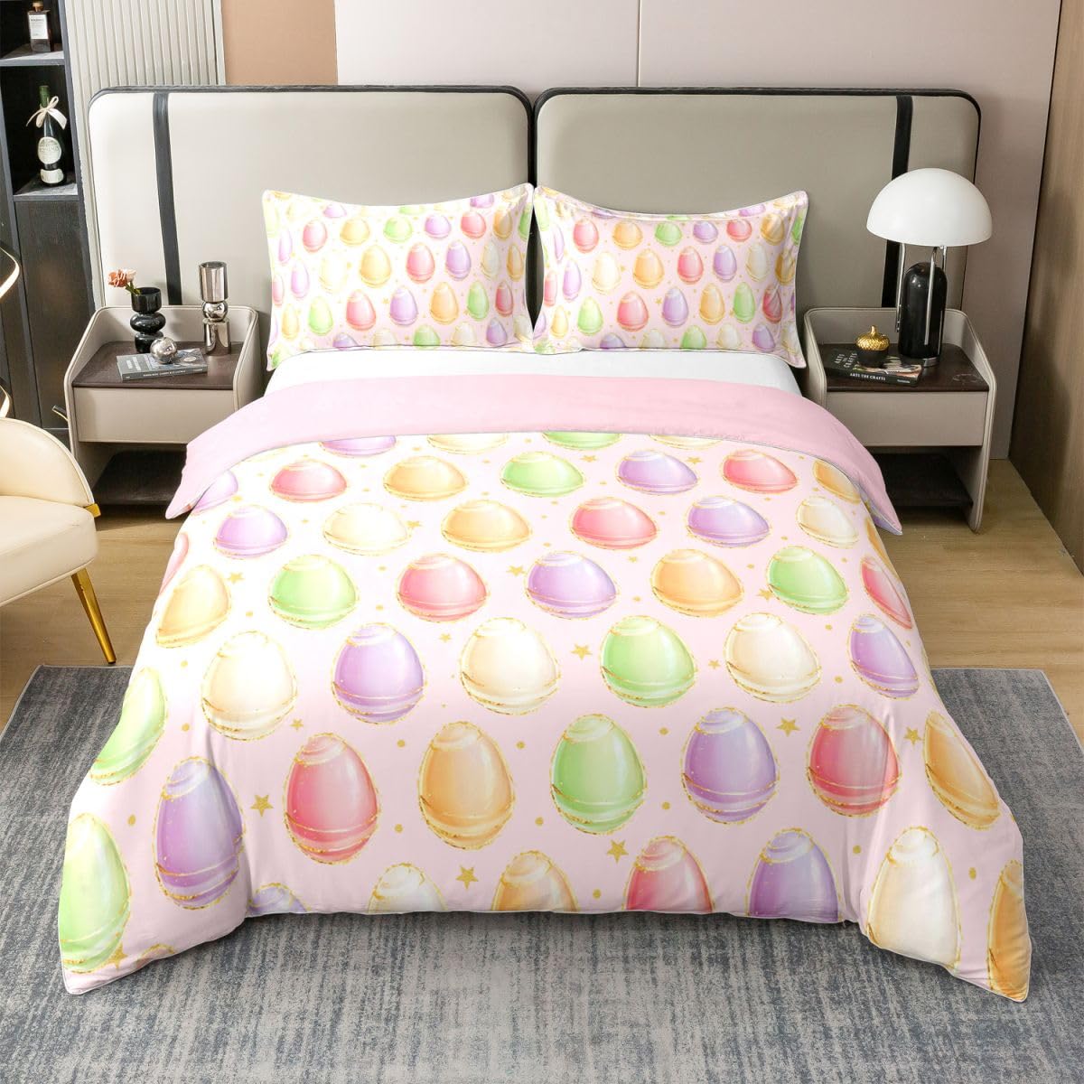 Juego de ropa de cama de huevos coloridos de Pascua, tamaño Super King, estampado de estrellas doradas con purpurina, funda de edredón 100 % algodón, 3 piezas para decoración de habitación de niñas