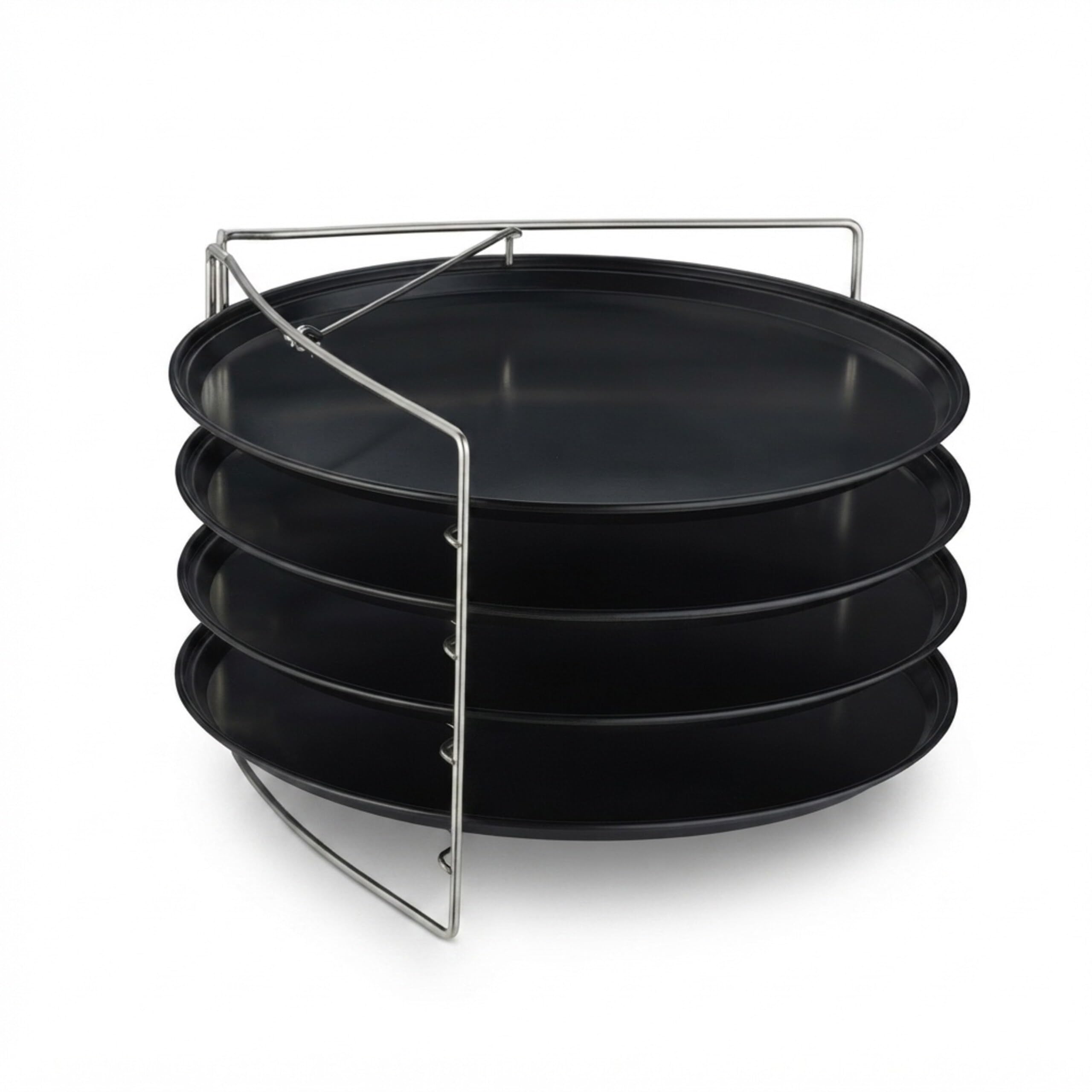 Relaxdays Bandeja para Pizza, Set de 4, con Soporte, Antiadherente, Acero al Carbono, Redonda, Antracita/Plateado
