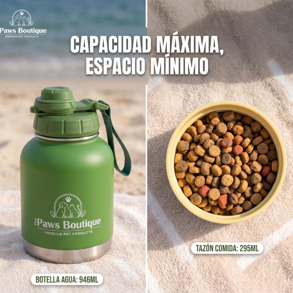 Borraccia per cani 3 in 1: abbeveratoio portatile in acciaio inox 950 ml, scomparto per cibo e ciotola extra rimovibile, a prova di perdite, senza BPA, ideale per viaggi e passeggiate