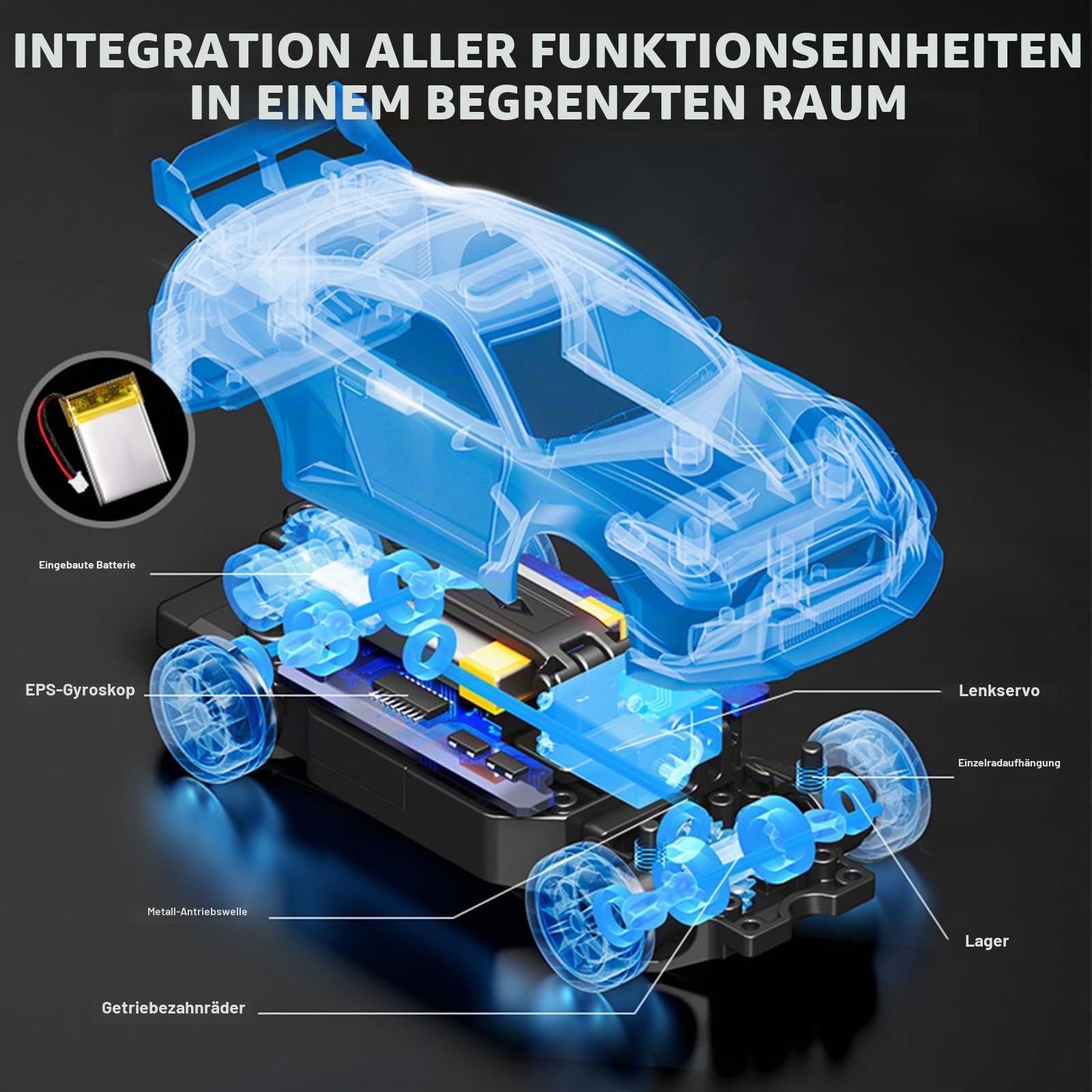 ARRIS RC-Drift-Car im Maßstab 1:43, Mini-911-RC-Modellauto, 2,4 GHz, 4WD, RC-Fahrzeug aus Aluminium mit Gyroskop für LED-Beleuchtung, Hobby-Spielzeug für Erwachsene (blau)