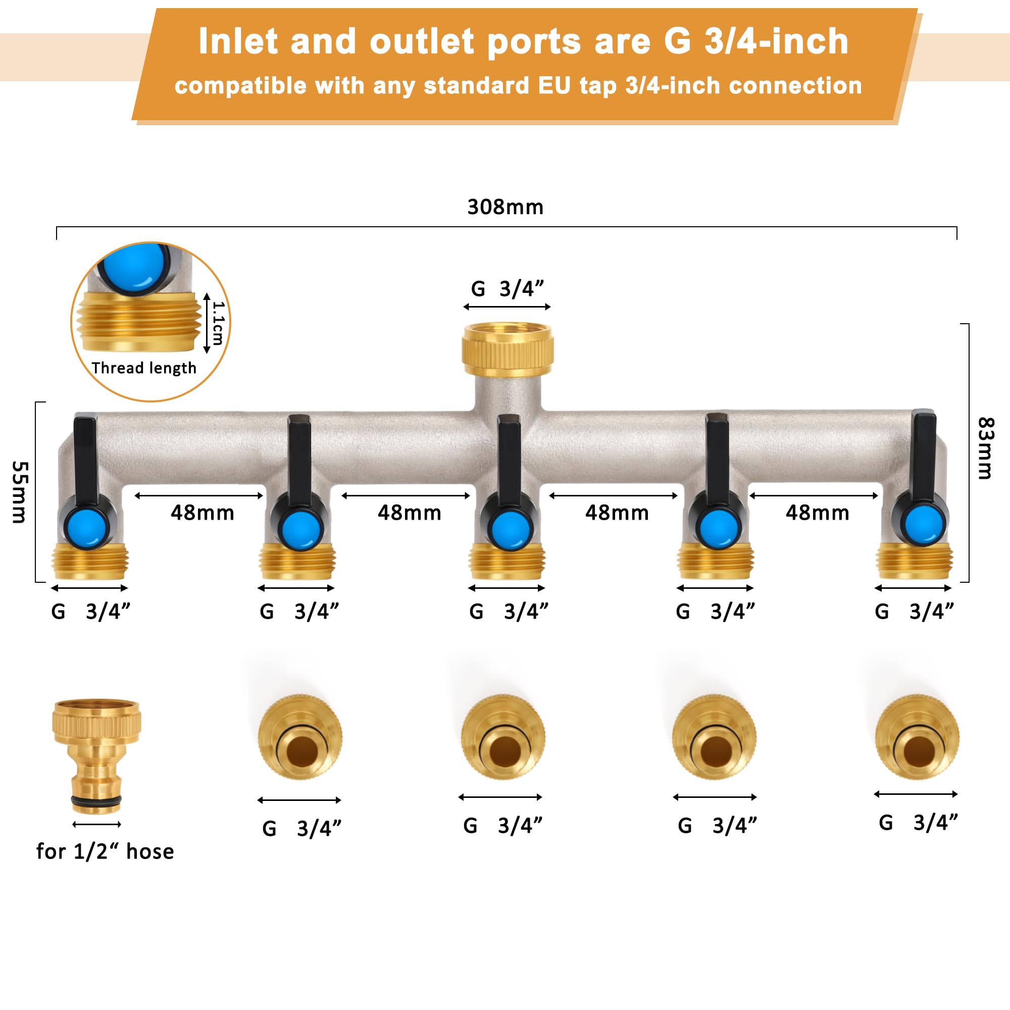 Distribuidor de agua para grifo de 5 vías, mango extendido, 3/4 pulgadas, latón de 3/4 pulgadas, distribuidor con válvulas de cierre individuales, distribuidor de 5 unidades, adaptador de