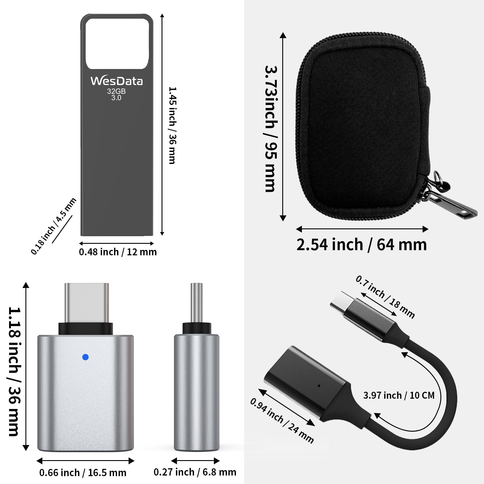 Unidad flash USB 3.0 de 32 GB, paquete de 4 unidades con adaptadores USB-C, mini diseño de metal, velocidad de lectura de 100 MB/s, funda de almacenamiento incluida, oro rosa, gris y plateado