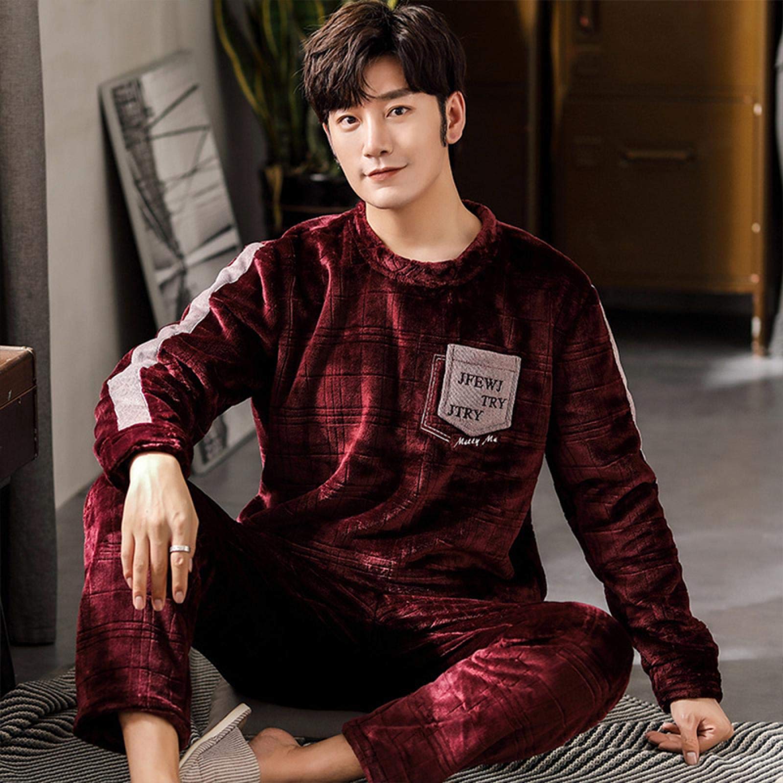 Pyjamas en polaire corail homme XL ensemble chaud de nuit gris avec poches