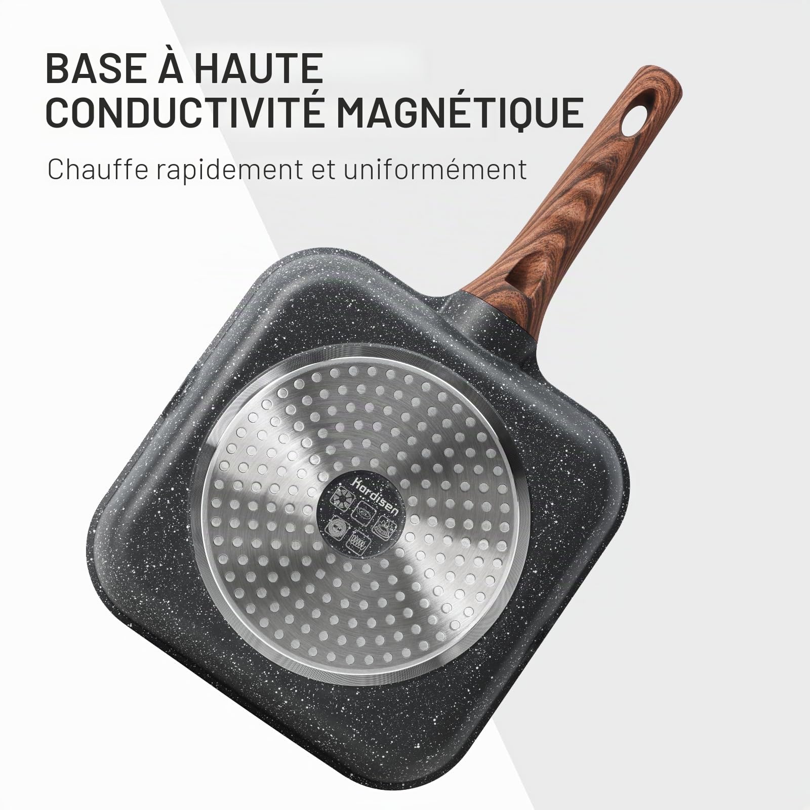 Kordisen Poêle à Griller Antiadhésive avec Couvercle, 24 cm, Poêle Carrée en Granité avec Bec Verseur, Gril Polyvalent, Compatible Induction, Sans PFOA