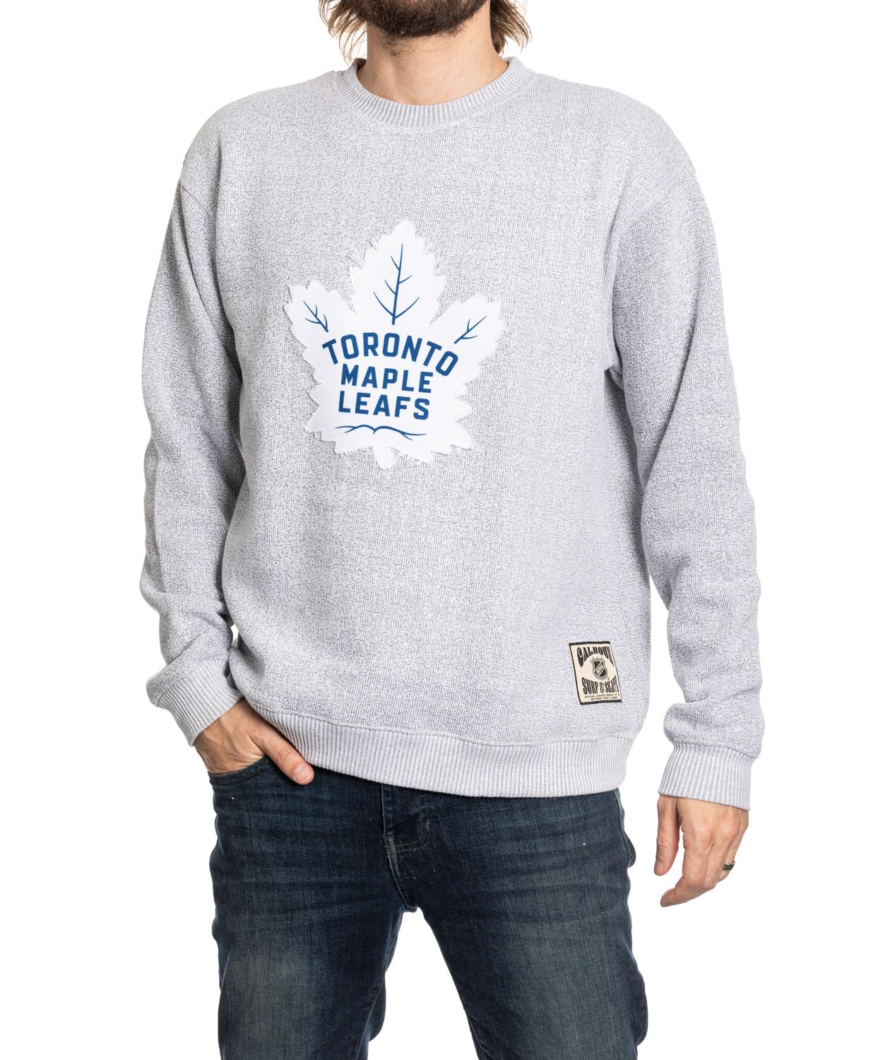 Calhoun NHL Surf & Skate Unisex Cabin Crew Neck Sweater with Premium Cotton Blend & Frayed Team Logo Crest (Toronto Maple Leafs, Medium)
