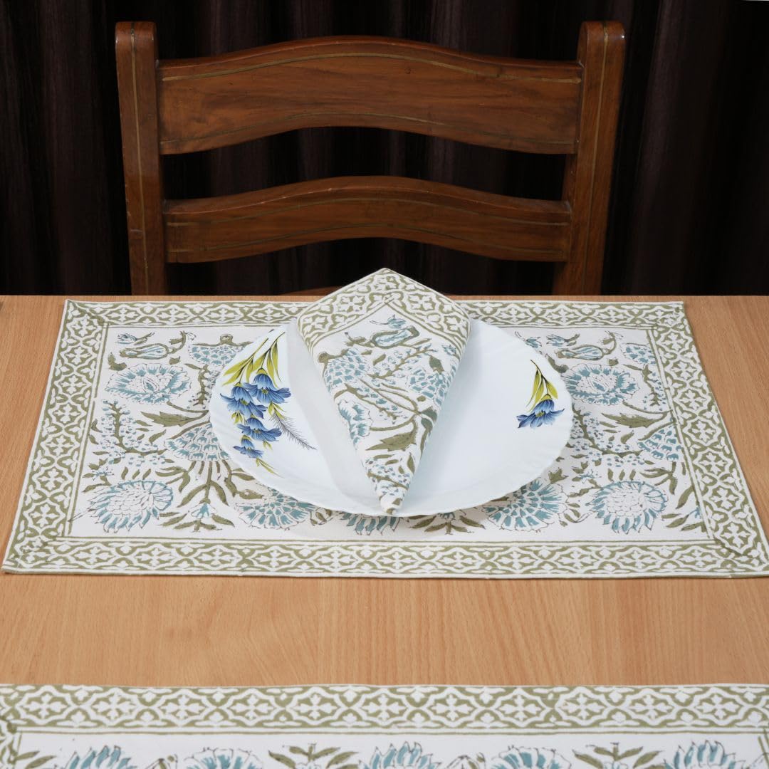 Manteles individuales de mesa de comedor con juegos de servilletas, algodón indio impreso a mano, lavables, para servir alimentos, juego de 6 manteles individuales (verde claro)