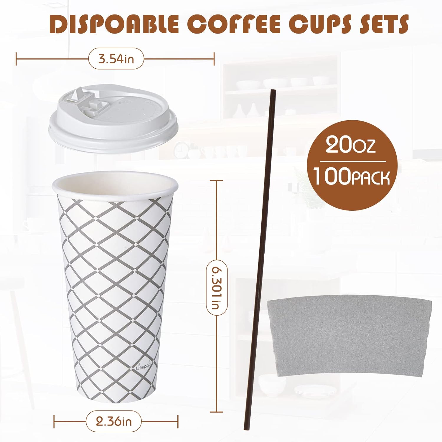 LITOPAK 100 Pack 20 oz Paper Coffee Cups with Lid, Sleeve, and Straws, Four Designs of Disposable Hot Coffee Cups for Home, Stores, and Cafes - Image 2