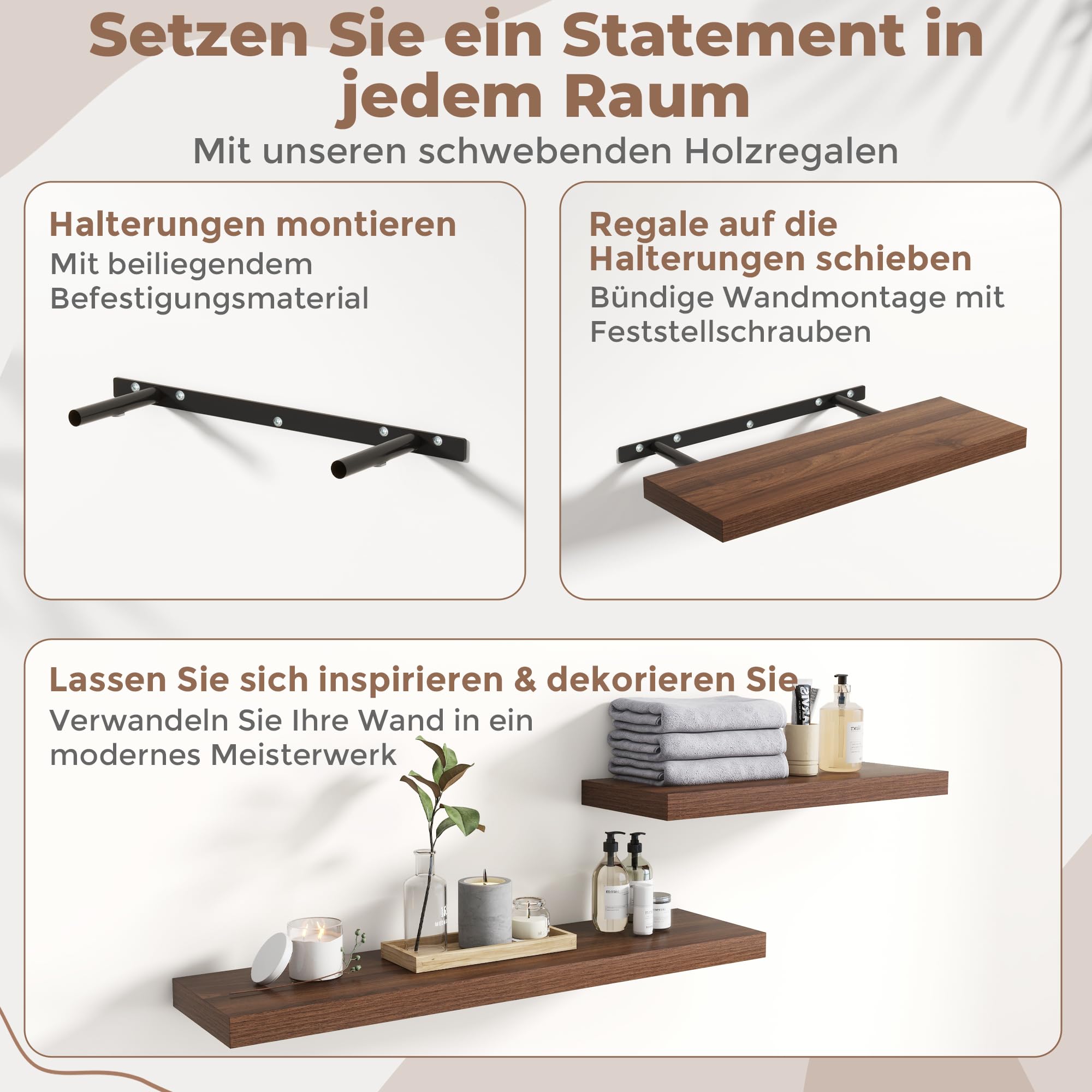 Marsmiles 90 cm Schweberegale, Wandregal, Regale, Walnuss Optik, 2Pcs