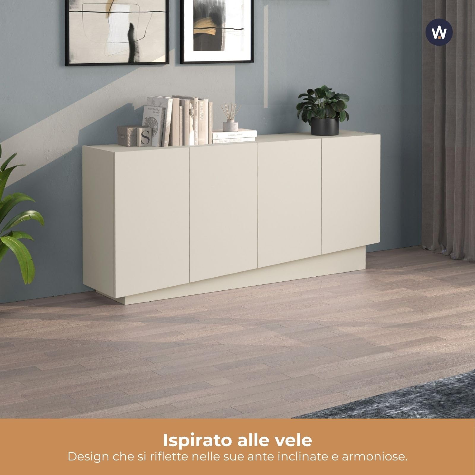 WHOUS Credenza e Buffet VELA per Soggiorno con 4 Ante e 4 Vani, Madia per Salotto, Cucina e Sala da Pranzo in Legno, 160x35x75,4 cm, Cashmere