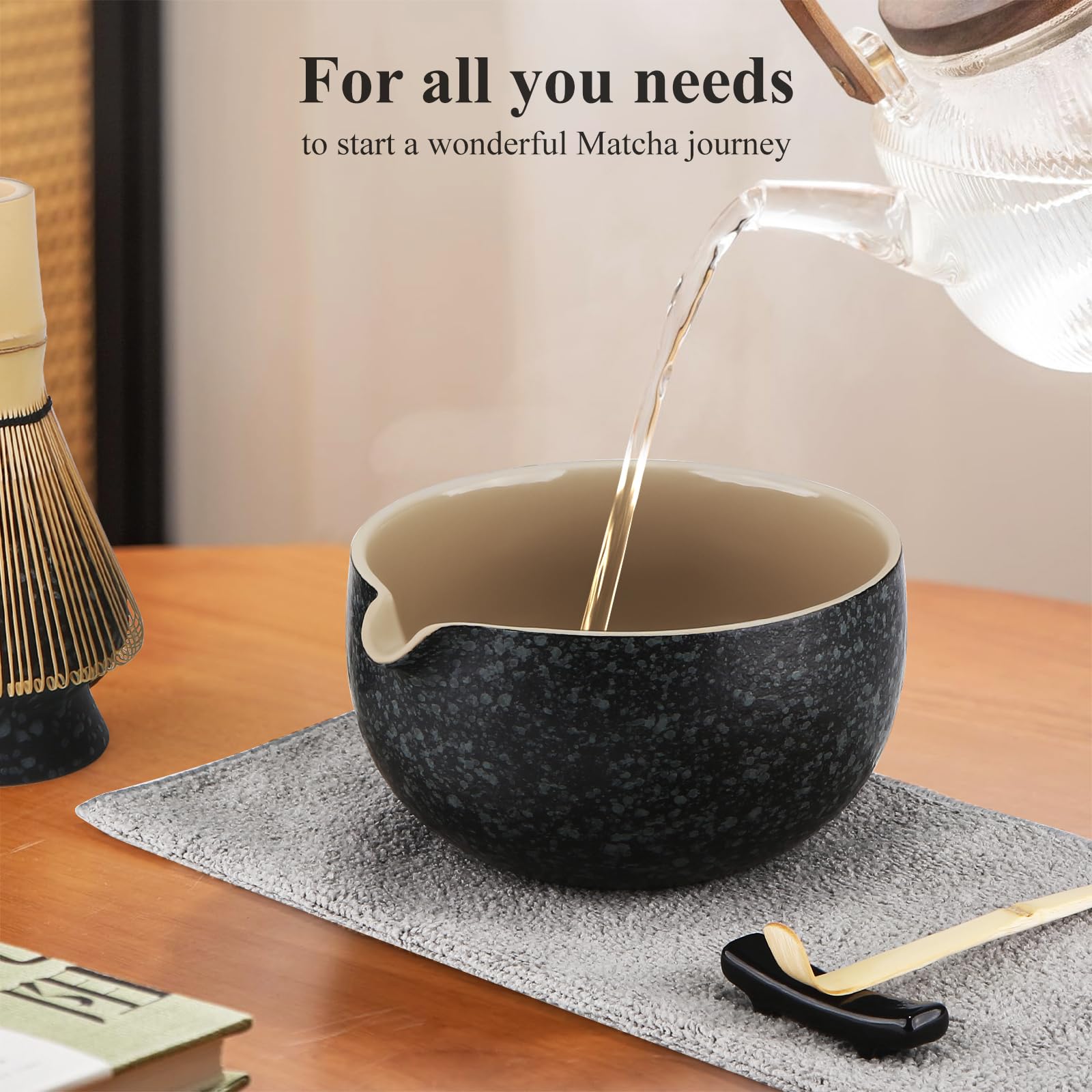 7 Piece Matcha Set, Fouet Matcha, Macha Tea Set with Matcha Spoon, Whisk Holder, Matcha Balai, Shovel, Strainer, Matcha Kit Traditional Japanese Tea Ceremony Best Gift for Lovers, Noir moucheté