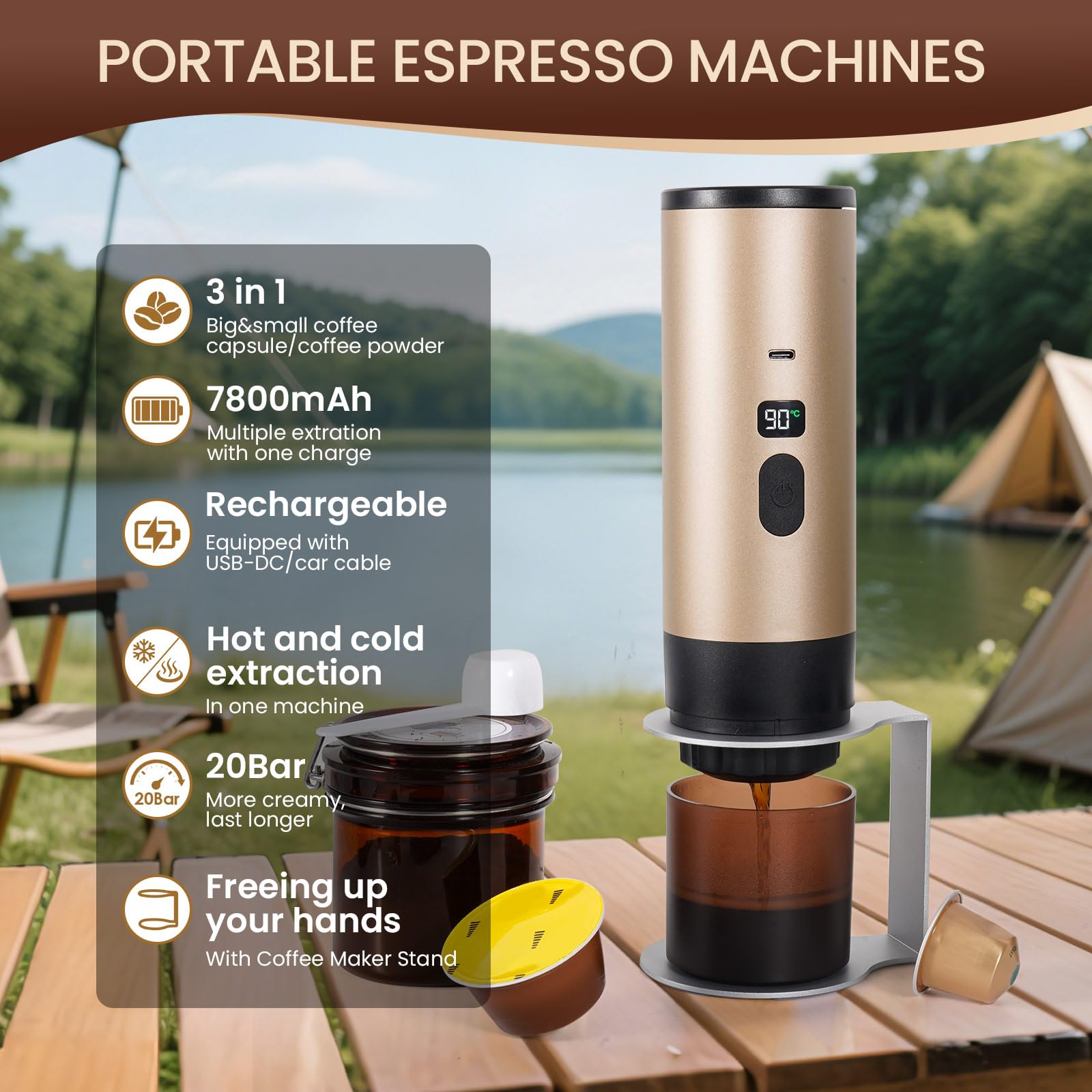 LAMA Máquina de café portátil, máquina de café espresso eléctrica con puerta de café mini máquina de cápsulas, compatible con cápsulas café molido, calentador instantáneo, para camping viajes, champán