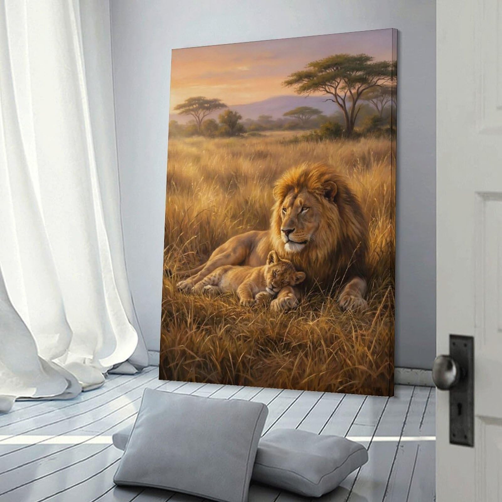 Junmoney Wall Picture Print Lion And Cub in Savannah, 24x36inch(60x90cm), for Living Room, Bedroom Or Home Office, Thoughtful Wall Decor for Art Lovers