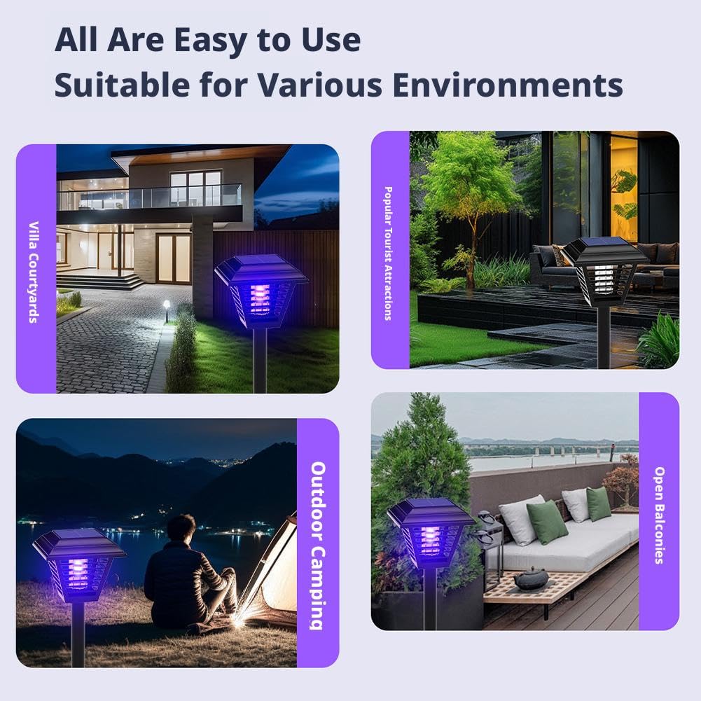Zapper per insetti a energia solare, impermeabile, 2 pezzi, grande, alimentato a energia solare, con luce UV, lampada repellente per zanzare, senza fili, per interni ed esterni, casa, cortile, patio